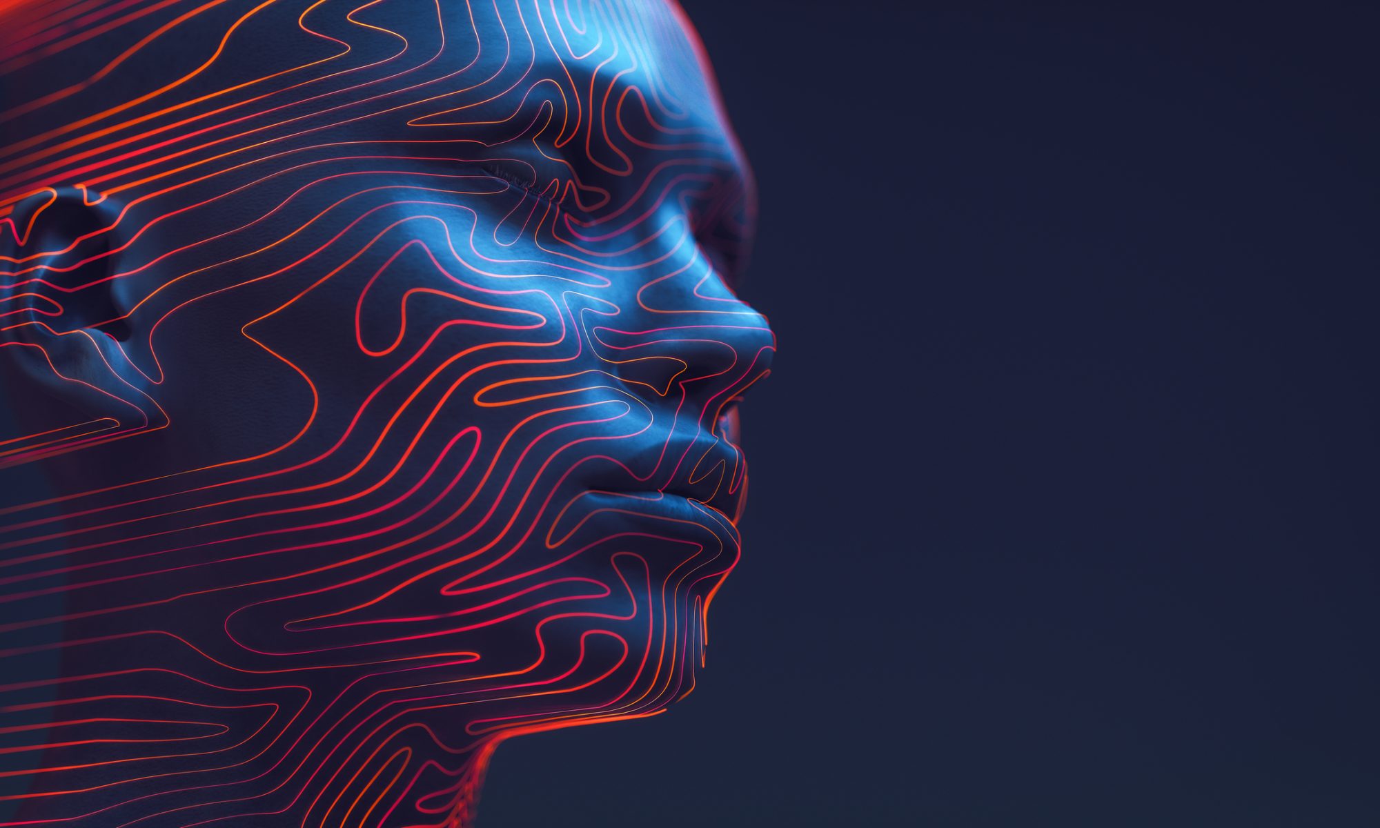 Futuristic human face illustration with glowing, topographic-style lines in red and blue.