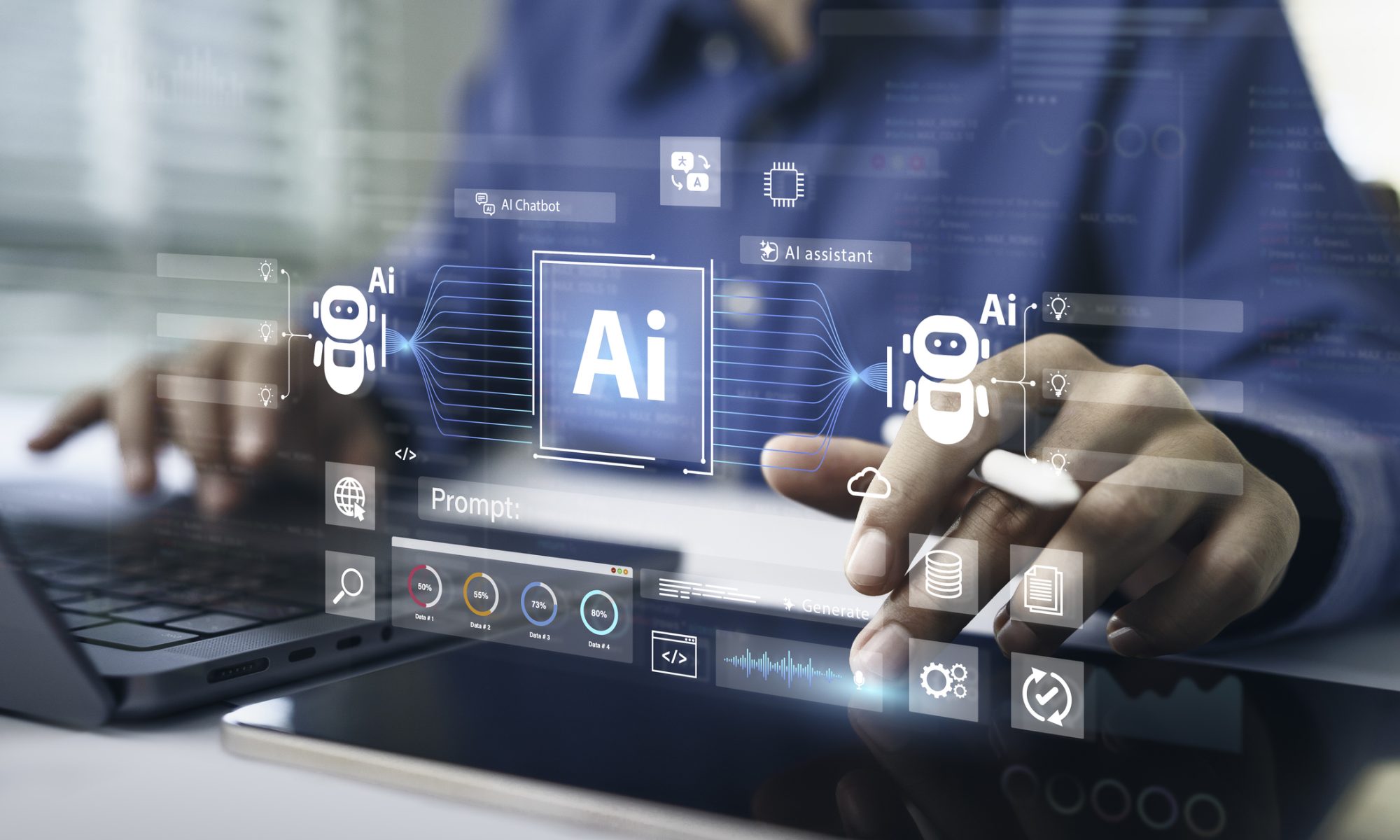 Person interacting with AI interface on digital devices, surrounded by virtual icons representing AI chatbots, assistants, and data analytics.