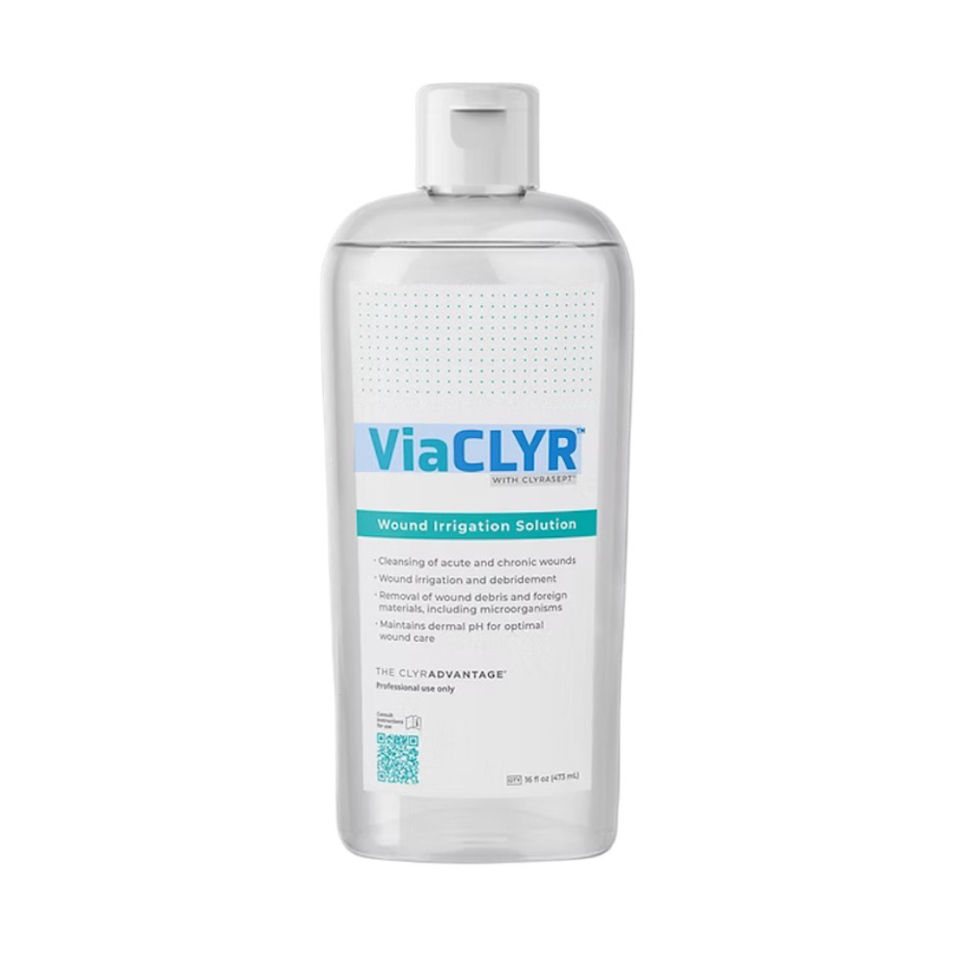 Clear plastic bottle labeled ViaCLYR Wound Irrigation Solution, used for cleansing acute and chronic wounds