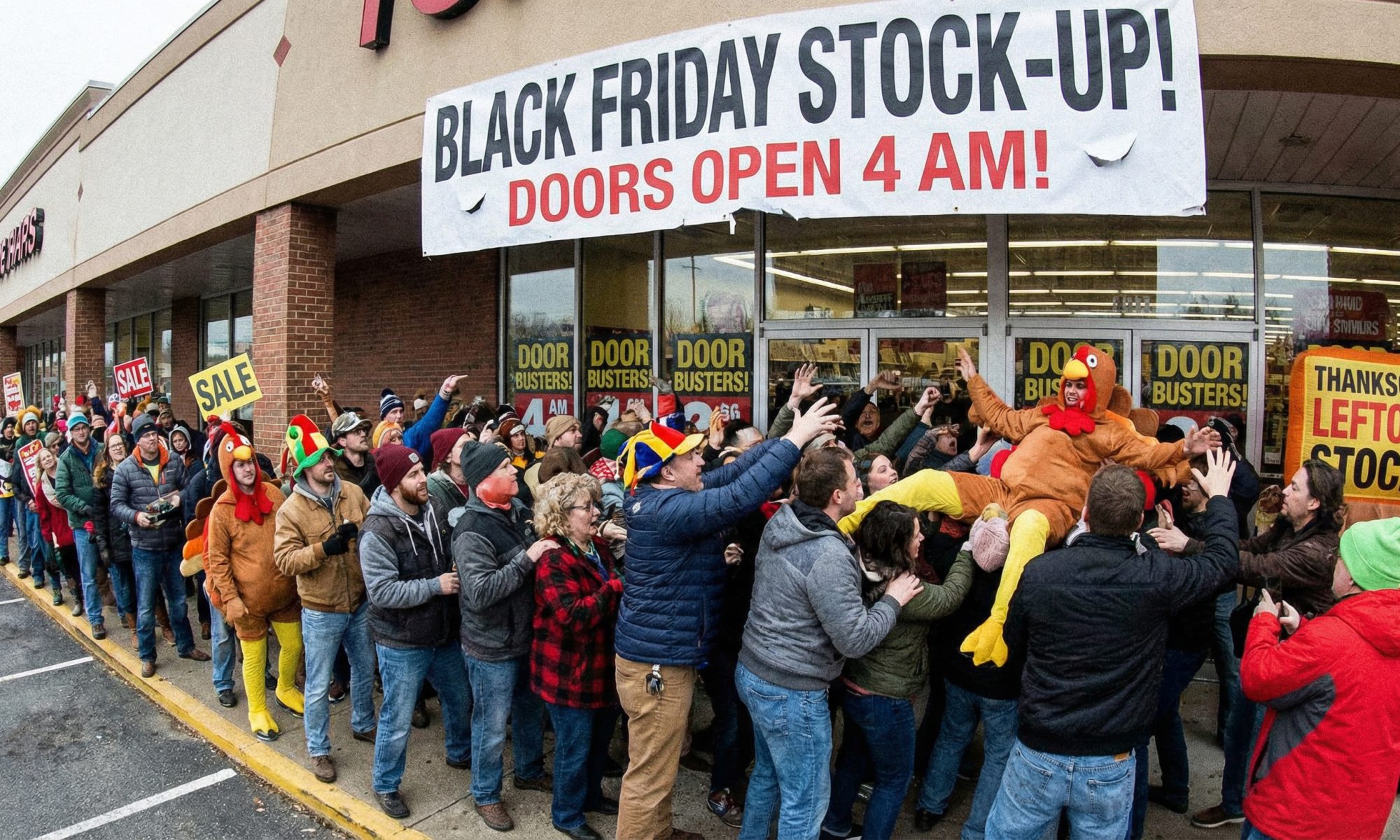 Black Friday after Thanksgiving Stock parody and a crazed line of consumers outside stores trying to get in to purchase huge sale items