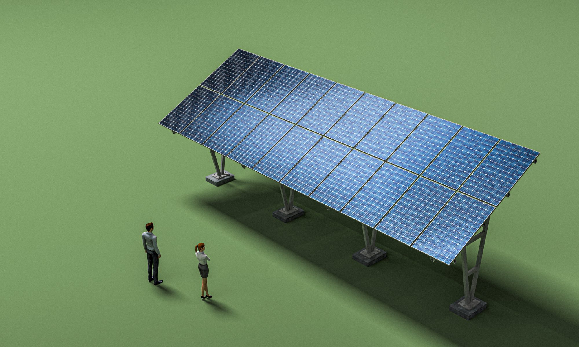 Large ground-mounted solar panel array with two people standing nearby, illustrating a utility-scale renewable energy project.