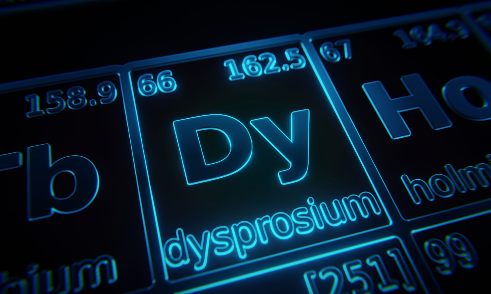 Glowing periodic table element symbol for dysprosium (Dy), highlighting its role in rare earth materials and advanced energy technologies.