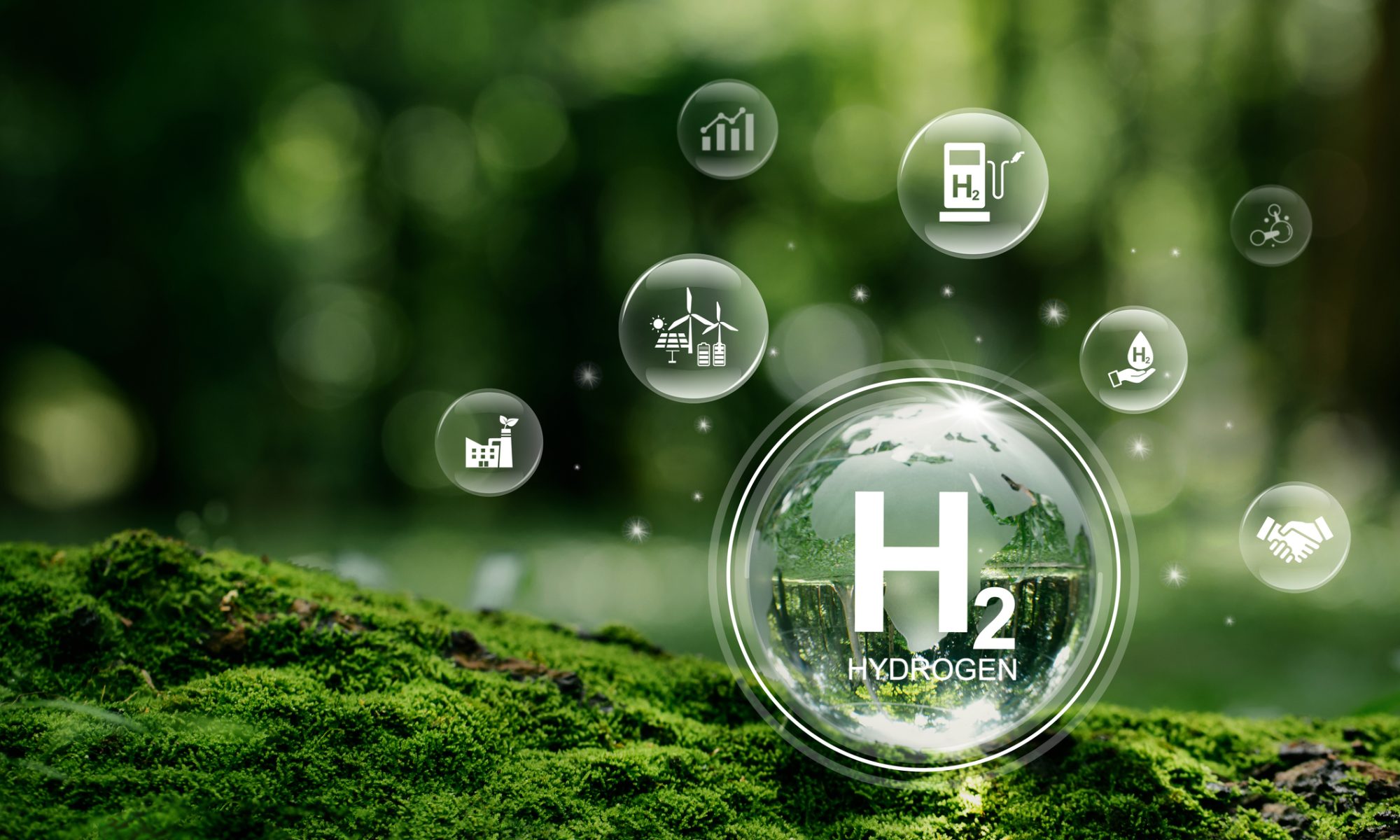 Hydrogen energy concept illustrated with H₂ symbols and clean energy icons in a natural setting, representing Fusion Fuel’s BrightHy Solutions platform and targeted hydrogen investment strategy.
