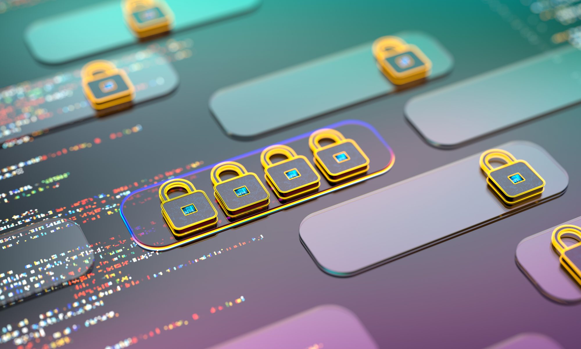 Digital security locks displayed over data streams, representing enterprise-grade cybersecurity and compliance as BEAMr completes its SOC 2 audit to strengthen privacy and security controls.