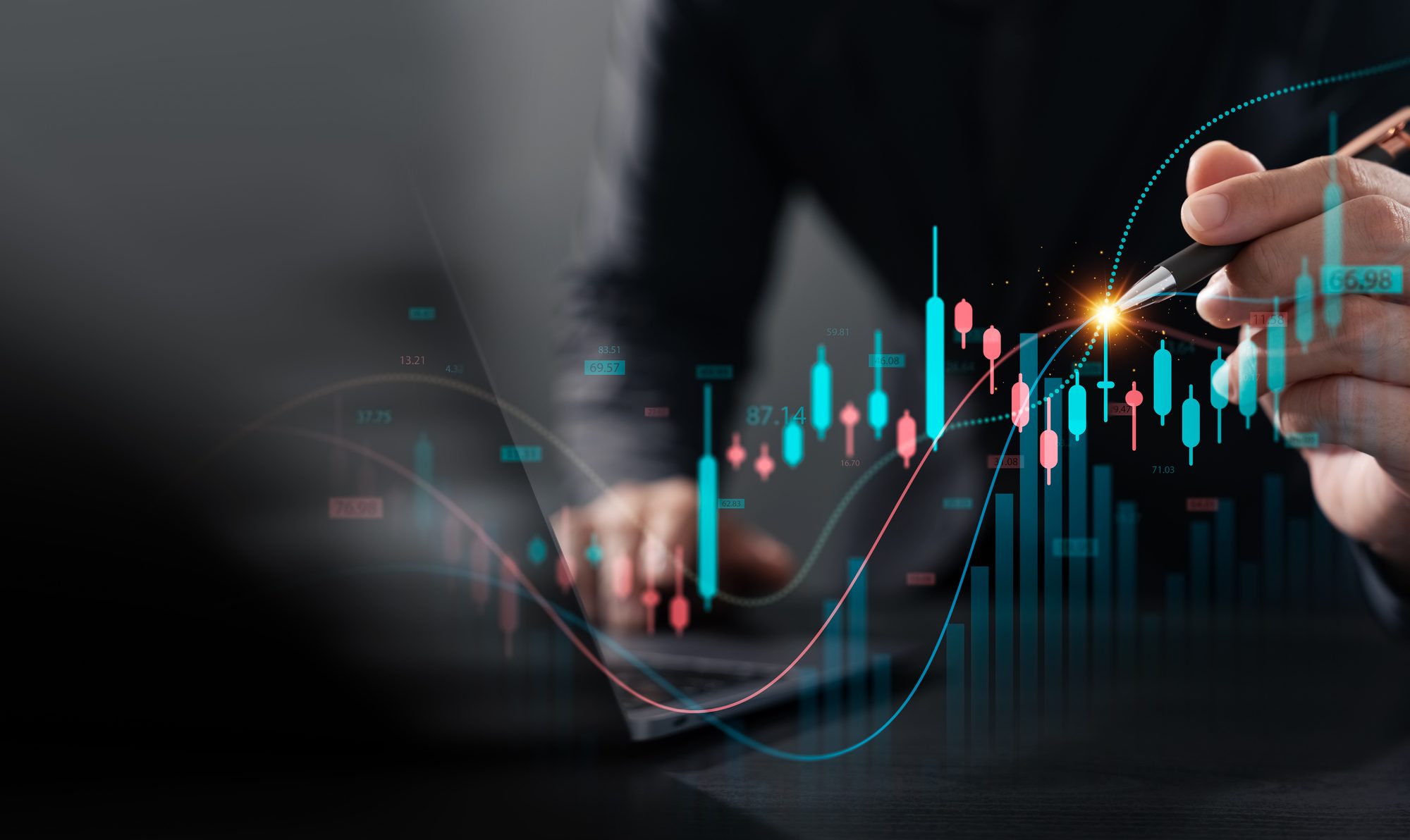 Analyst marking an upward stock chart on a digital interface, highlighting market gains during midday trading.