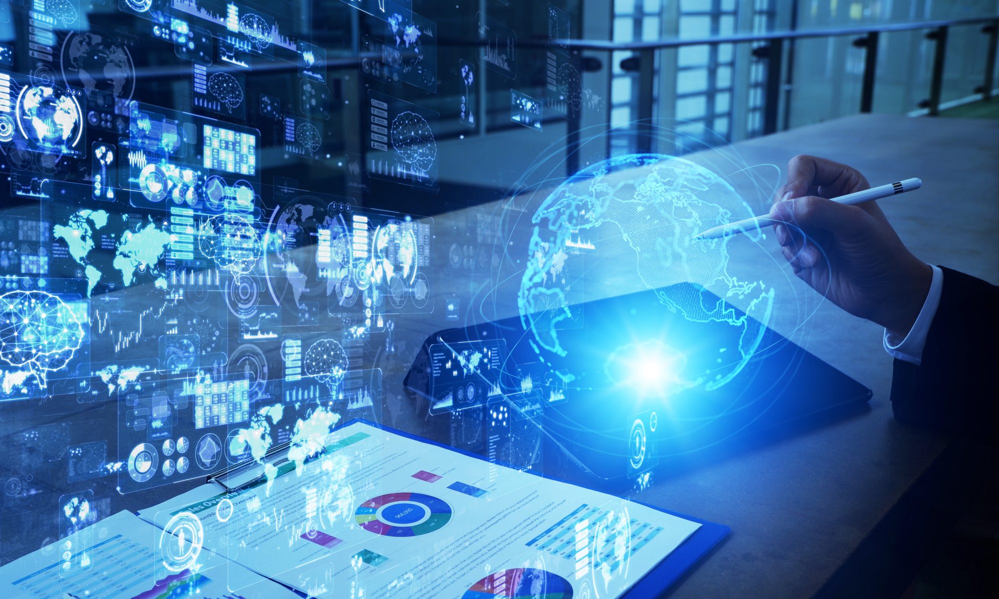 Digital market dashboard with glowing global data visualizations and analytics displayed over a tablet, representing real-time financial and sector performance tracking.