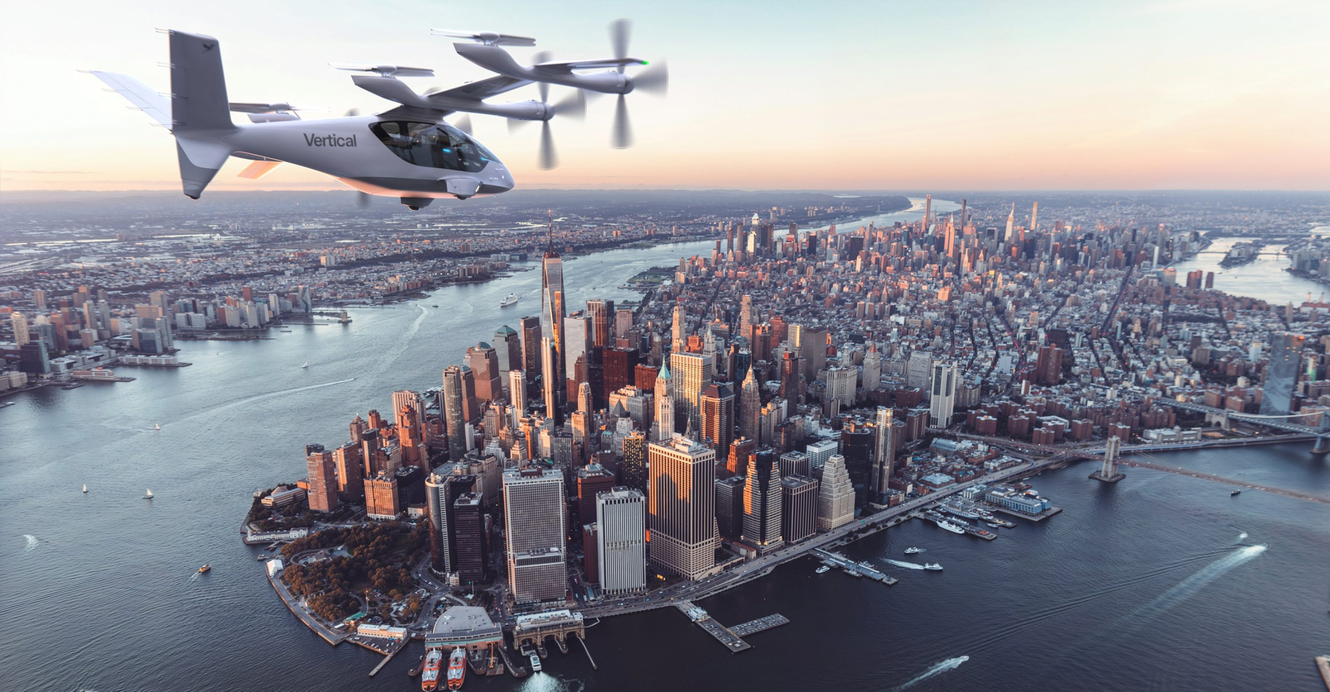 Electric vertical takeoff and landing aircraft from Vertical Aerospace flying above New York City, highlighting the company’s Valo air taxi concept and vision for sustainable urban air mobility.