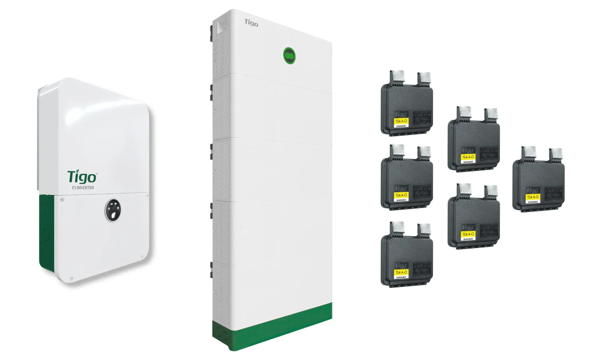 Tigo Energy next-generation GO Battery system with modular battery units, inverter, and smart energy components displayed on a white background.