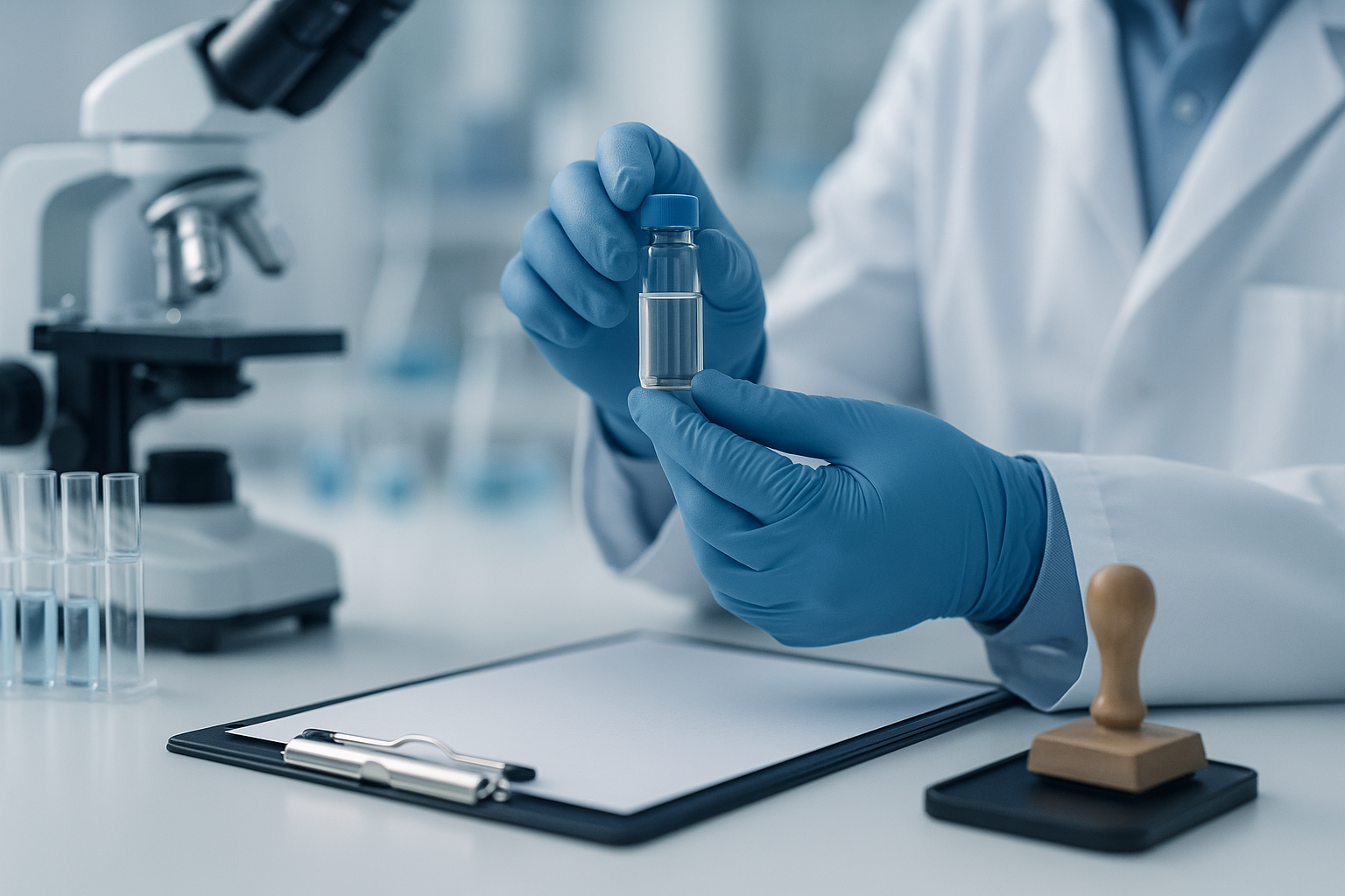 Gloved hands handling a vial in a modern lab, representing an FDA Fast Track regulatory milestone for a biotech therapy.