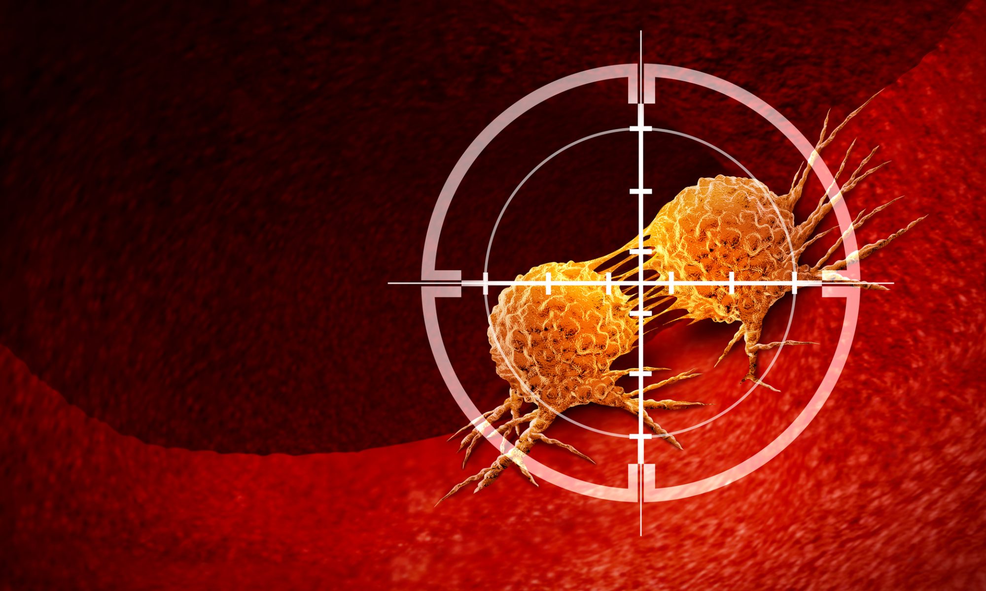 Illustration of cancer cells under a targeting reticle, representing precision oncology drug development and targeted cancer therapies.
