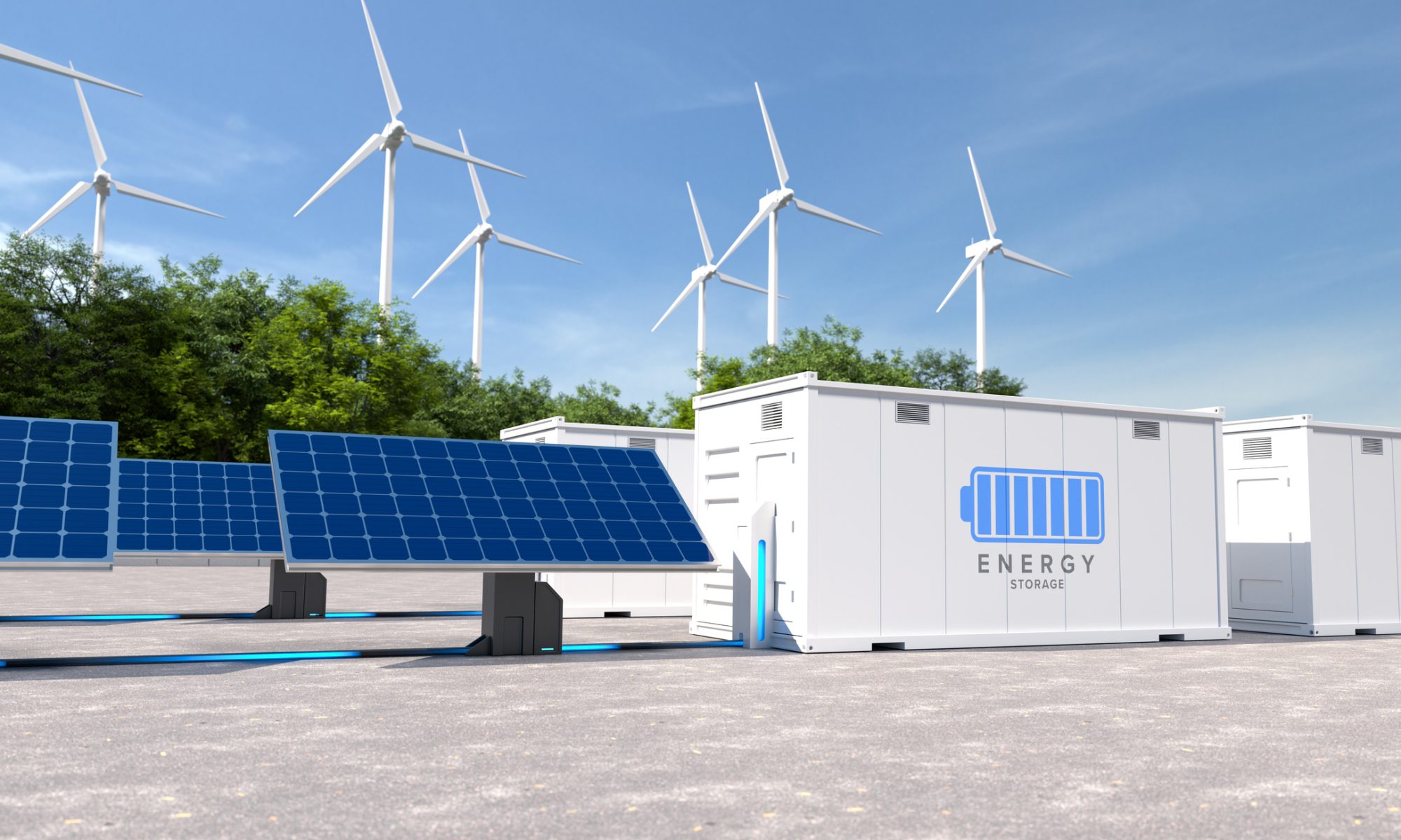 Solar panels, wind turbines, and battery energy storage units at a renewable power site, representing approved clean energy projects.