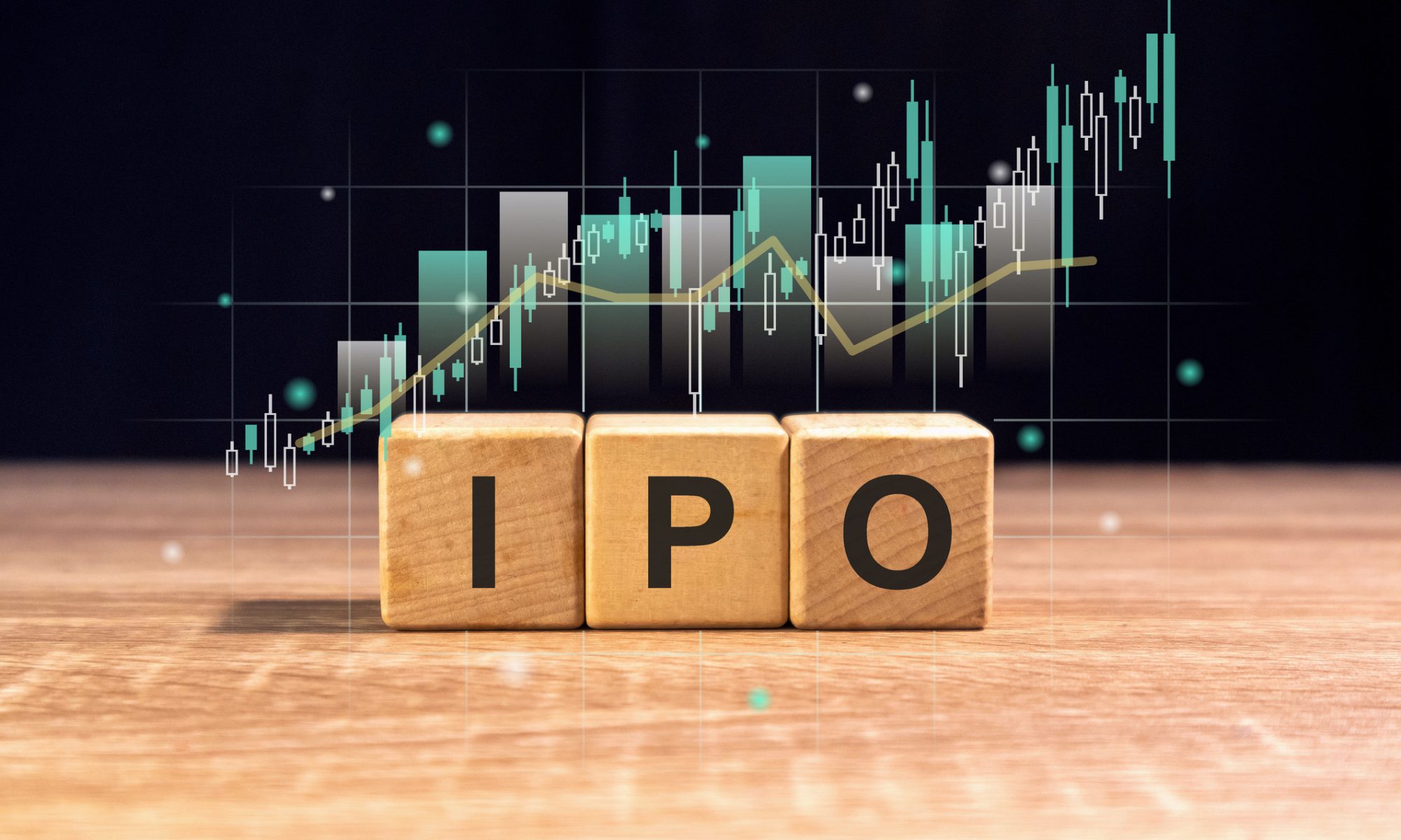 Wooden blocks spelling IPO with a rising stock chart overlay, representing a company debuting on the NYSE at a high valuation.