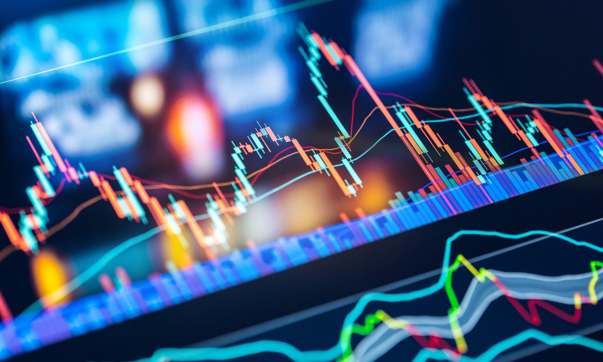Colorful stock market candlestick chart and trading indicators displayed on a digital screen, showing intraday price movements and volume trends.