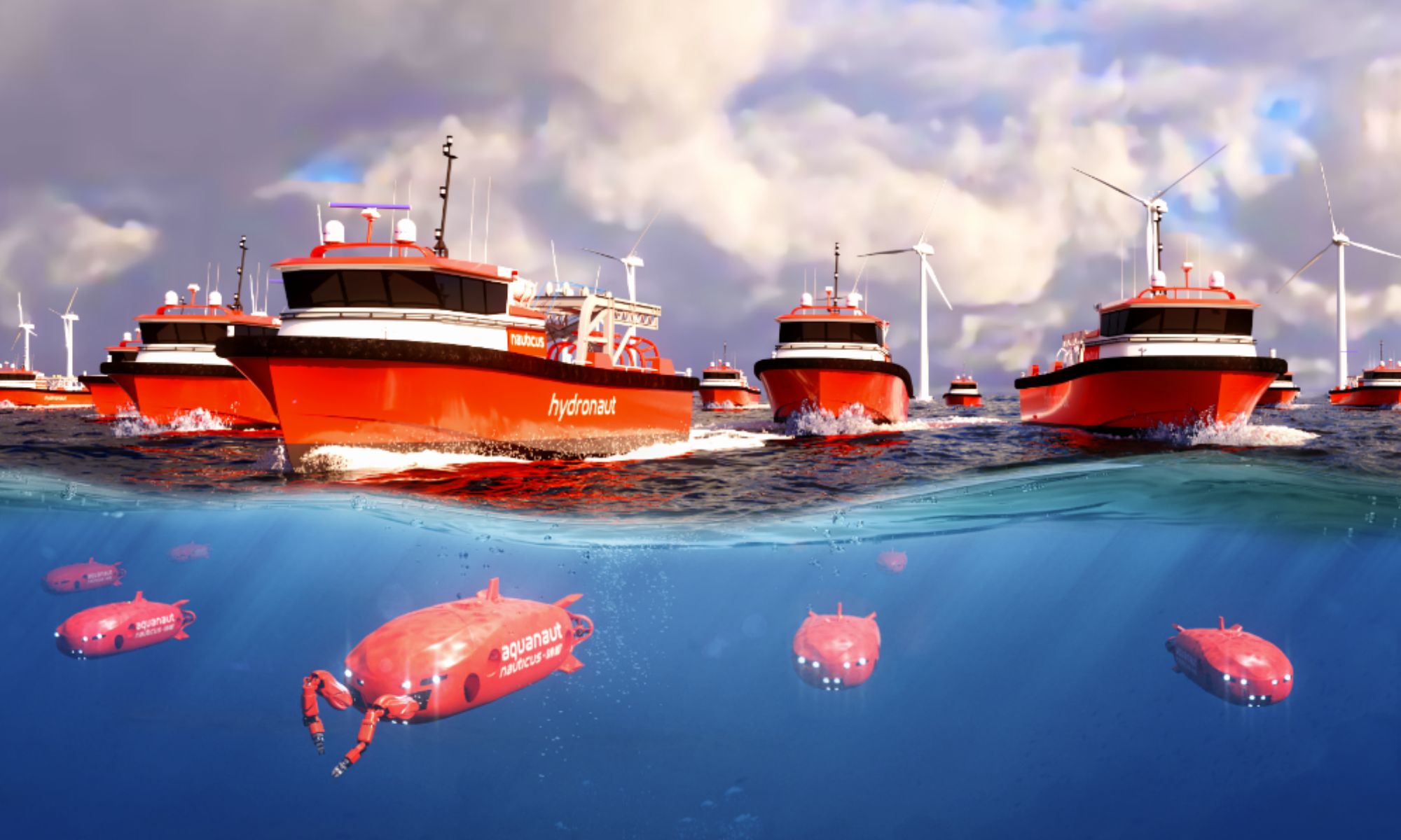 Multiple red autonomous surface vessels travel at sea above several underwater robotic vehicles, with offshore wind turbines visible in the background.
