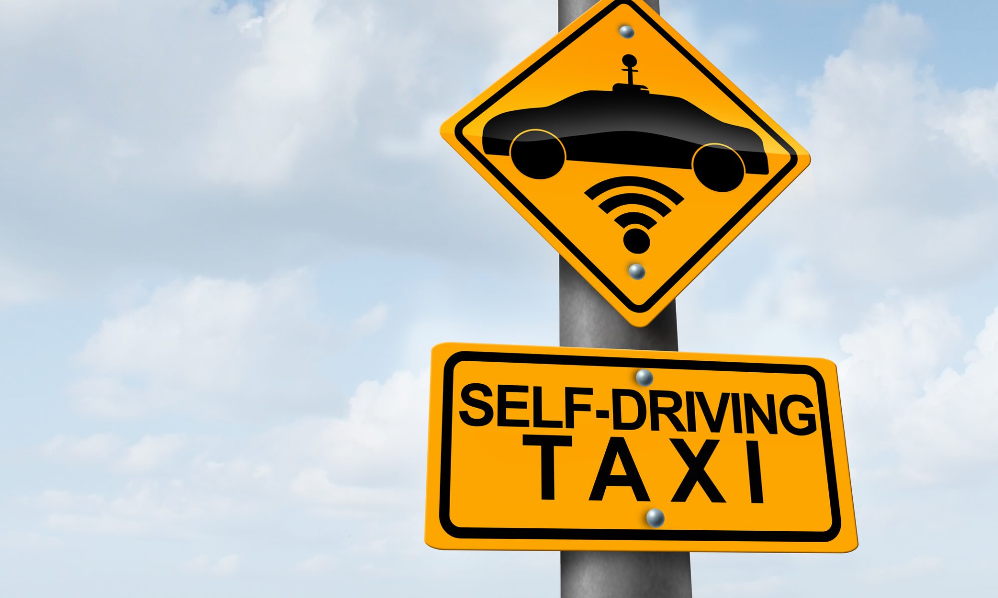 Yellow road sign showing a self-driving car icon above a sign that reads “Self-Driving Taxi” against a cloudy sky.