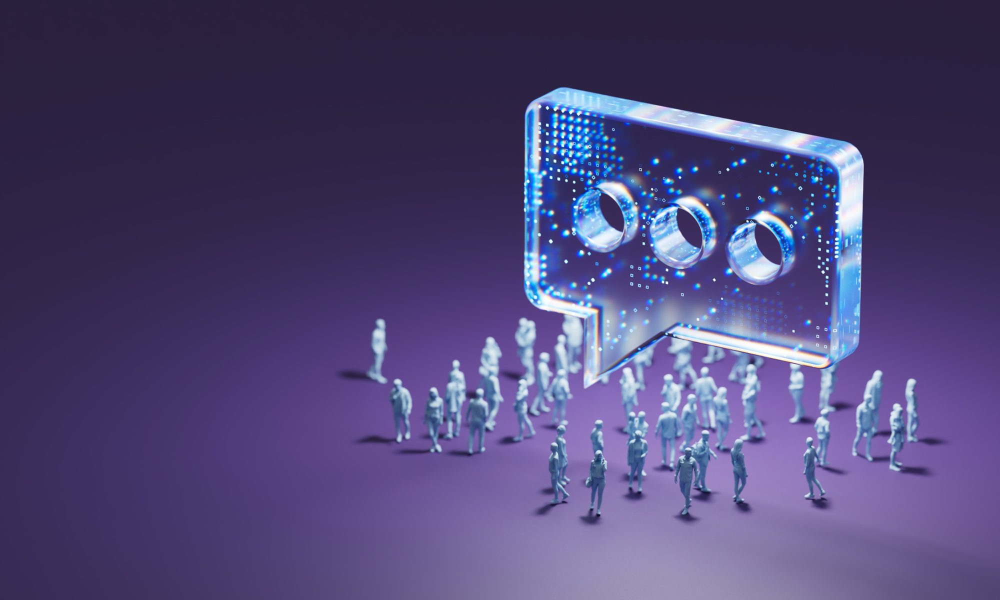 Abstract digital speech bubble with glowing AI circuitry surrounded by small human figures, representing artificial intelligence–driven communication and enterprise software interaction.
