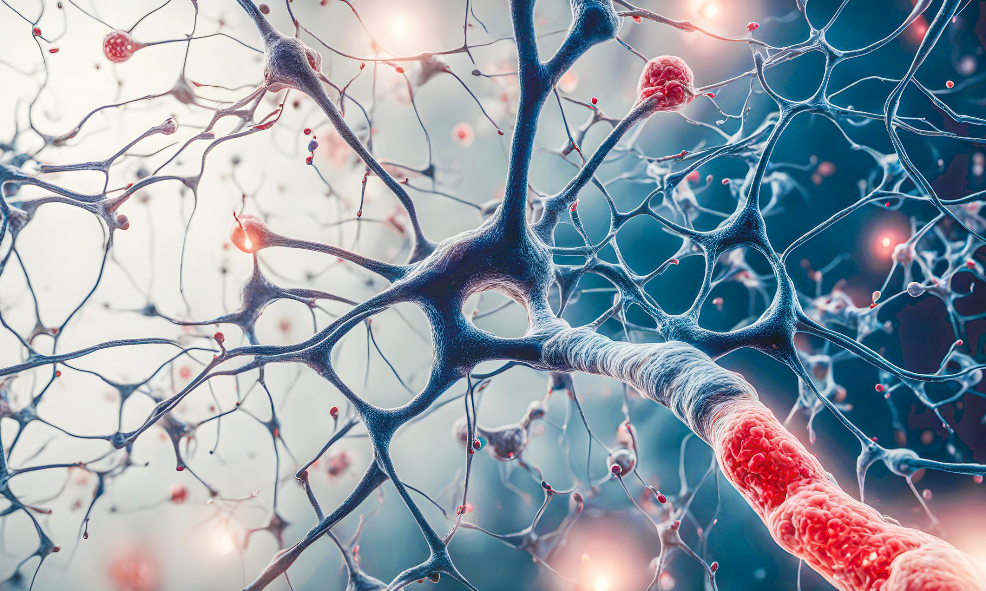 Close-up scientific illustration of interconnected neurons with glowing synapses and branching neural pathways, highlighting neurological activity and advanced neuroscience research.