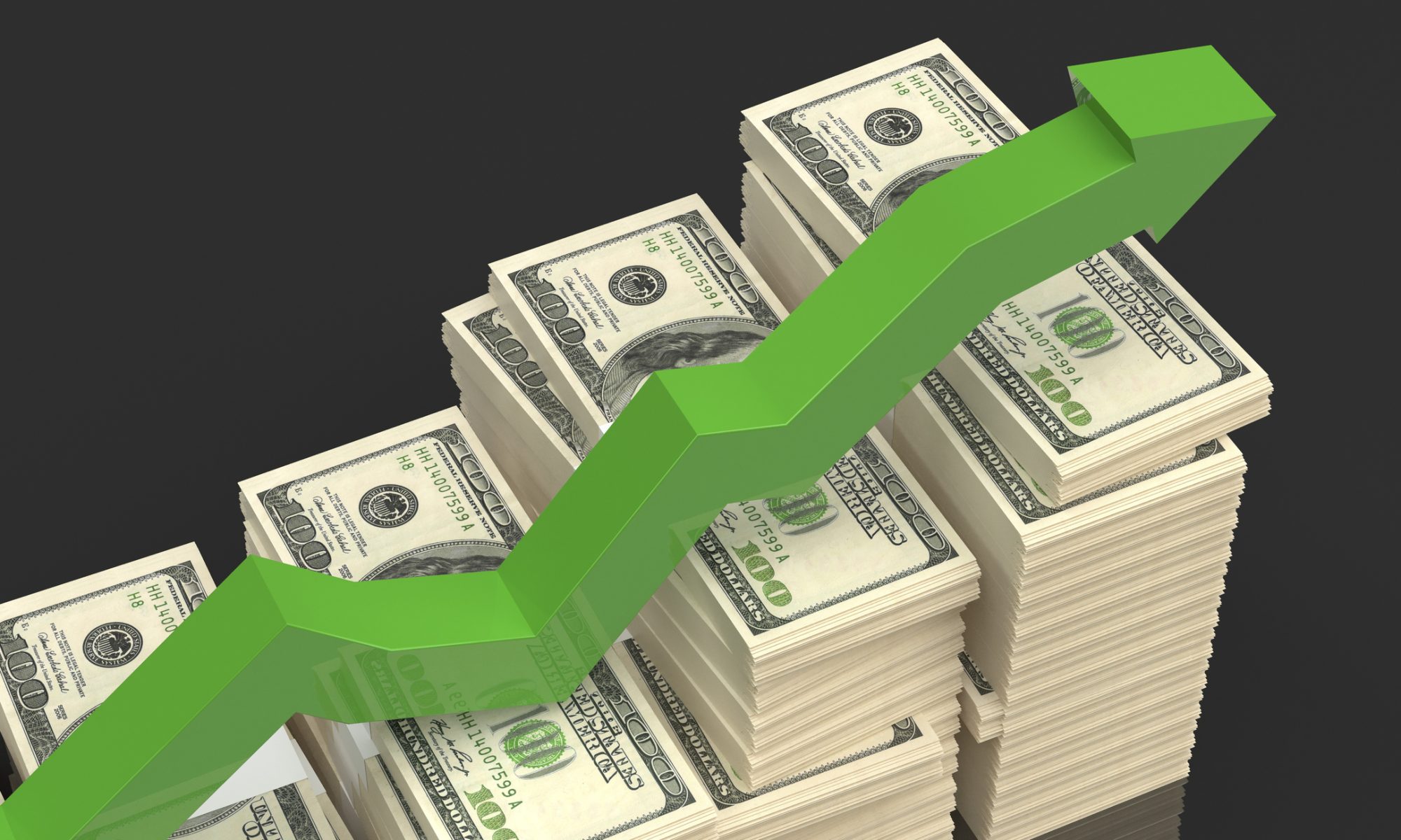 Stacks of U.S. $100 bills with a green upward arrow symbolizing stock price growth, financial gains, and investor confidence.