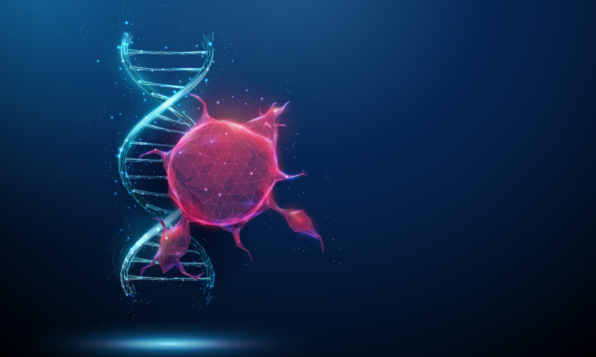 Digital illustration of a glowing DNA strand interacting with a stylized cancer cell, representing advances in cancer immunotherapy and precision oncology.