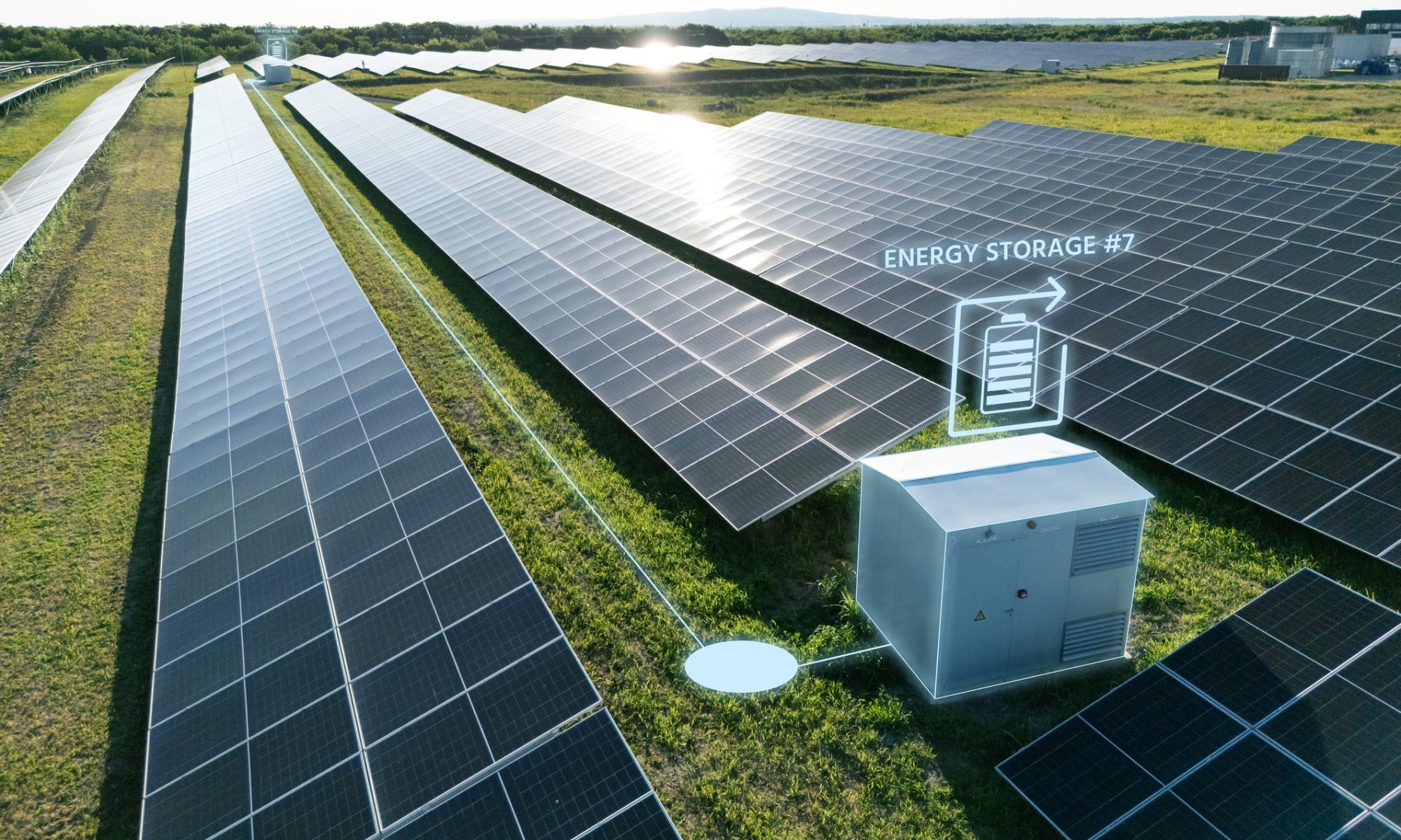 Large solar farm with rows of photovoltaic panels and an integrated battery energy storage system, highlighting renewable energy infrastructure supporting AI and data center power demands.