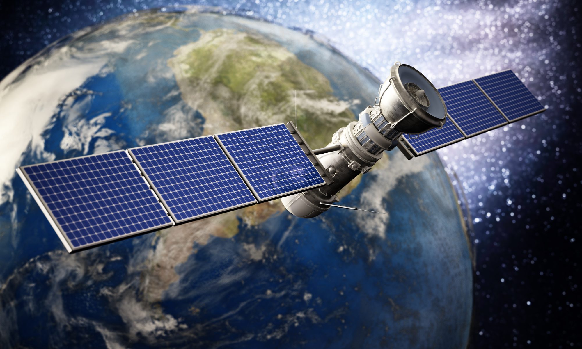 Satellite with extended solar panels orbiting Earth in space, representing solar-powered spacecraft and AI-enabled satellite technology.