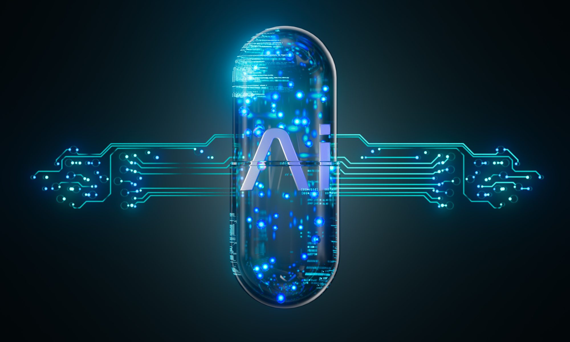 Futuristic capsule with glowing AI circuitry and digital data streams, symbolizing AI-driven drug discovery and biotech innovation.