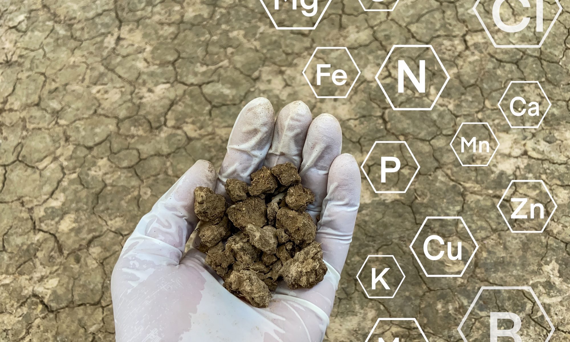 Gloved hand holding soil and mineral samples over cracked earth background, with chemical element symbols representing critical minerals and rare earth analysis.