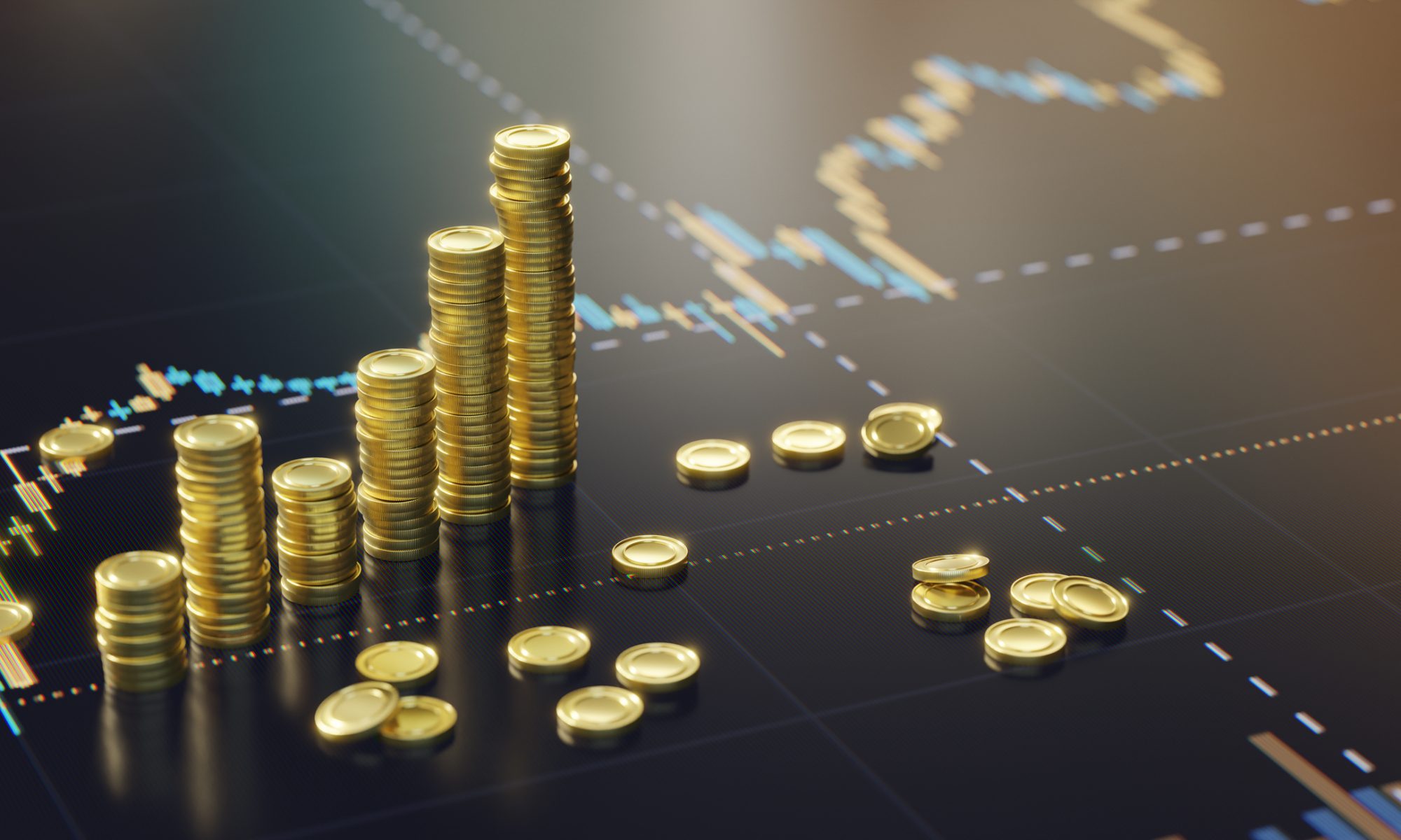 Stacks of gold coins rising in height on a digital stock chart background, symbolizing financial growth and market gains.