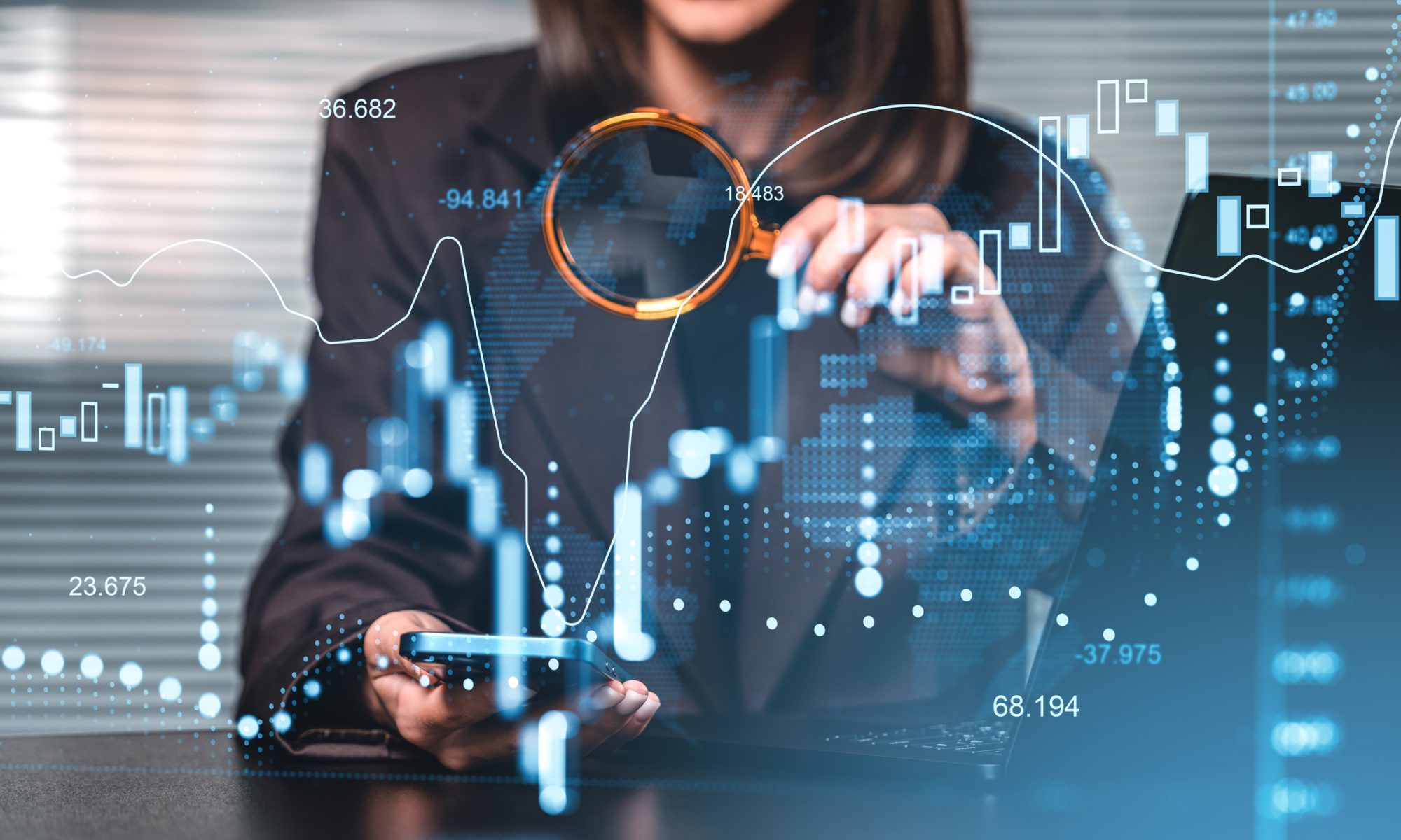 Financial analyst reviewing stock market data on a digital interface with charts, candlestick graphs, and global market indicators.