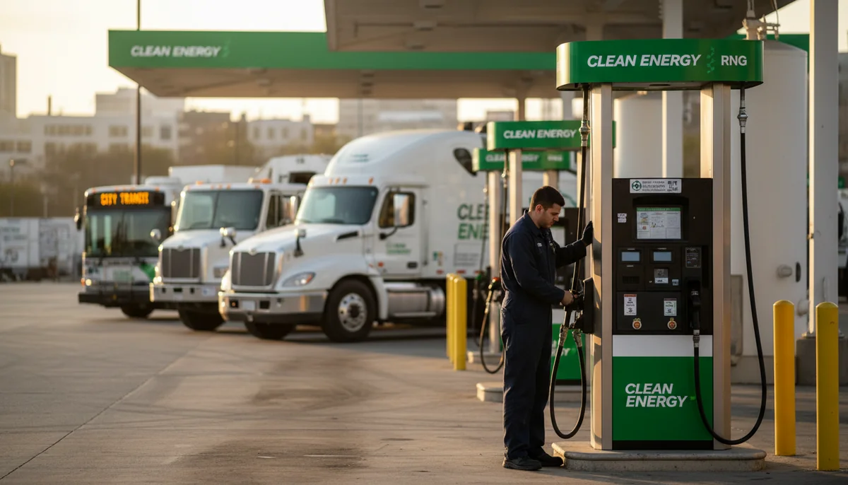 Technician fueling a truck at a renewable natural gas (RNG) station operated by Clean Energy Fuels with fleet vehicles lined up in the background.