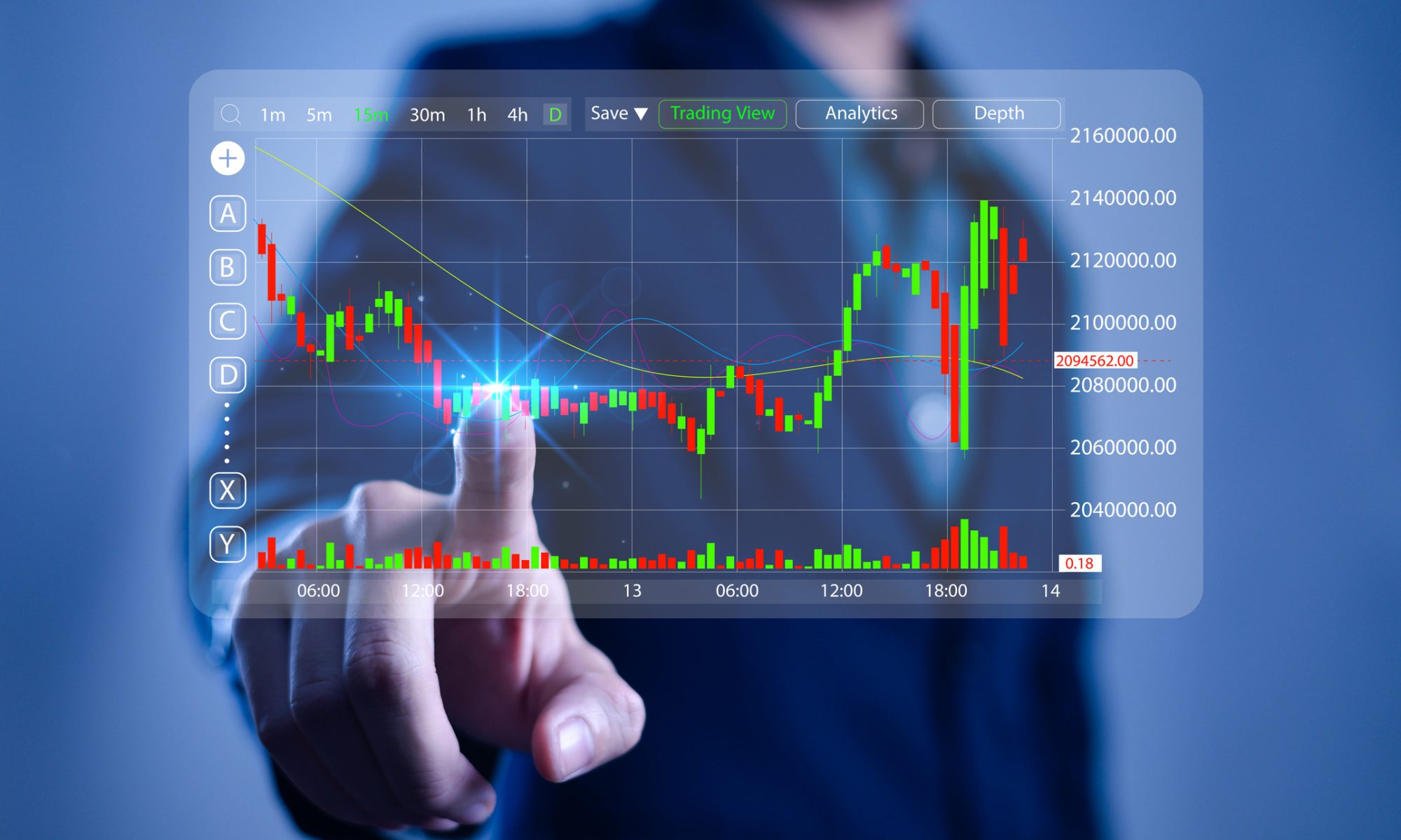 Digital stock trading chart with candlestick patterns displayed on a transparent interface as a hand interacts with the screen.