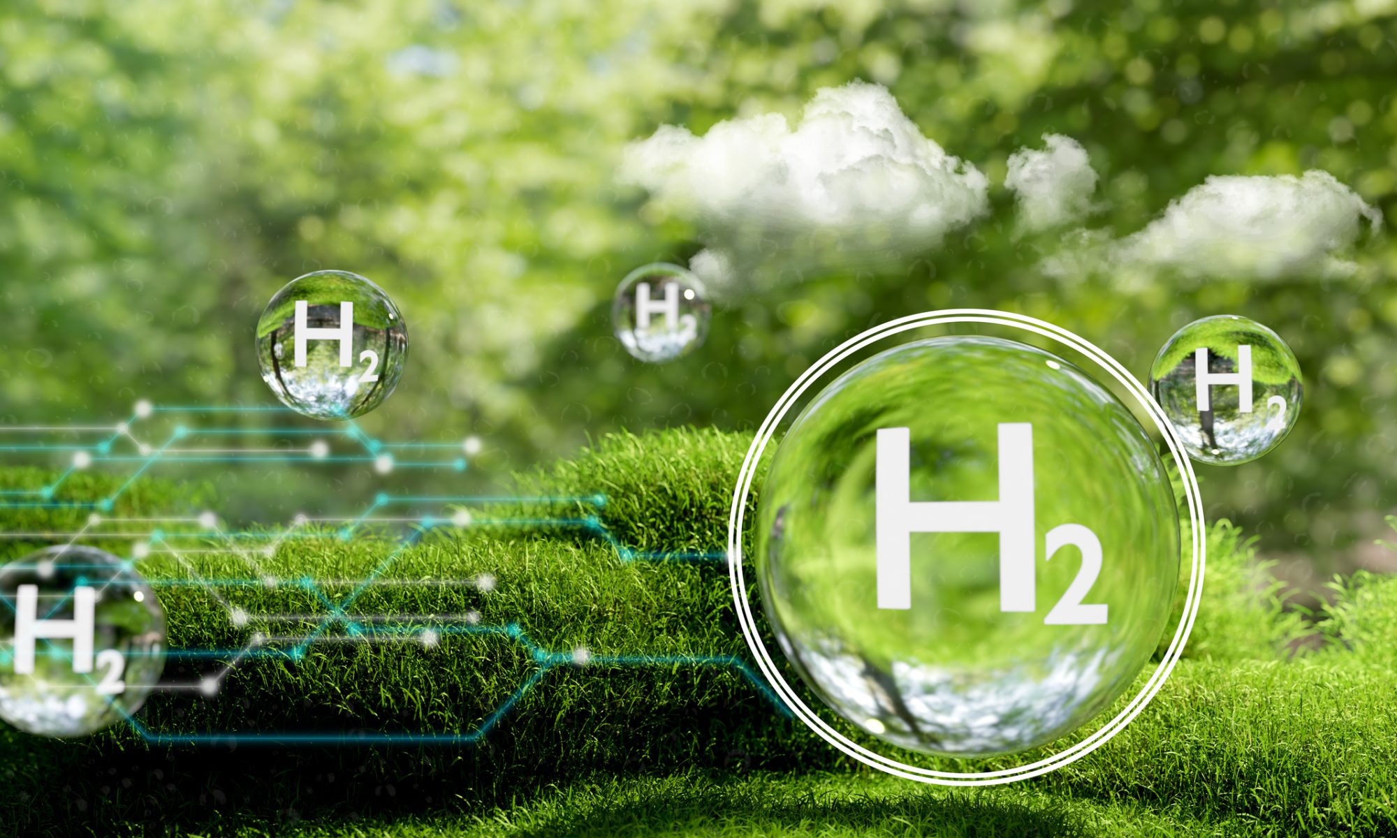 Hydrogen (H₂) molecules displayed over a green landscape, representing clean hydrogen energy technology.