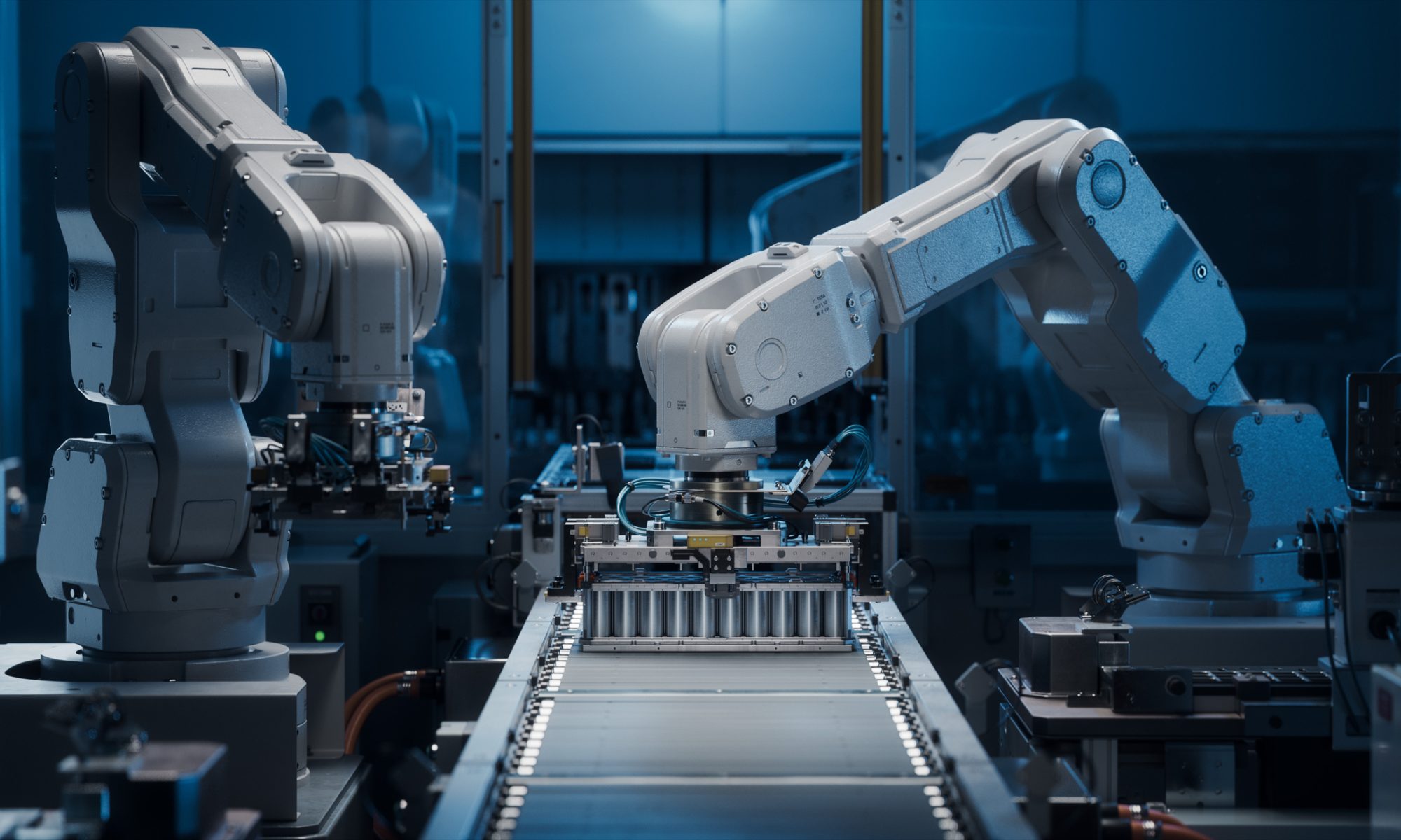 Robotic arms operating on an automated production line assembling battery components in a high-tech manufacturing facility.
