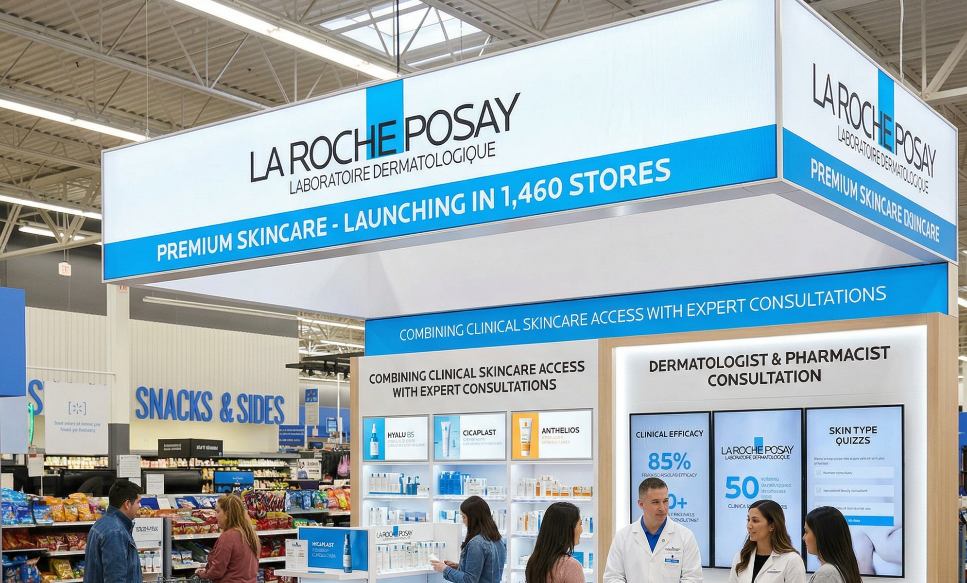 Walmart expands its premium beauty portfolio by launching La Roche-Posay in 1,460 stores, combining clinical skincare access with expert pharmacist consultations.