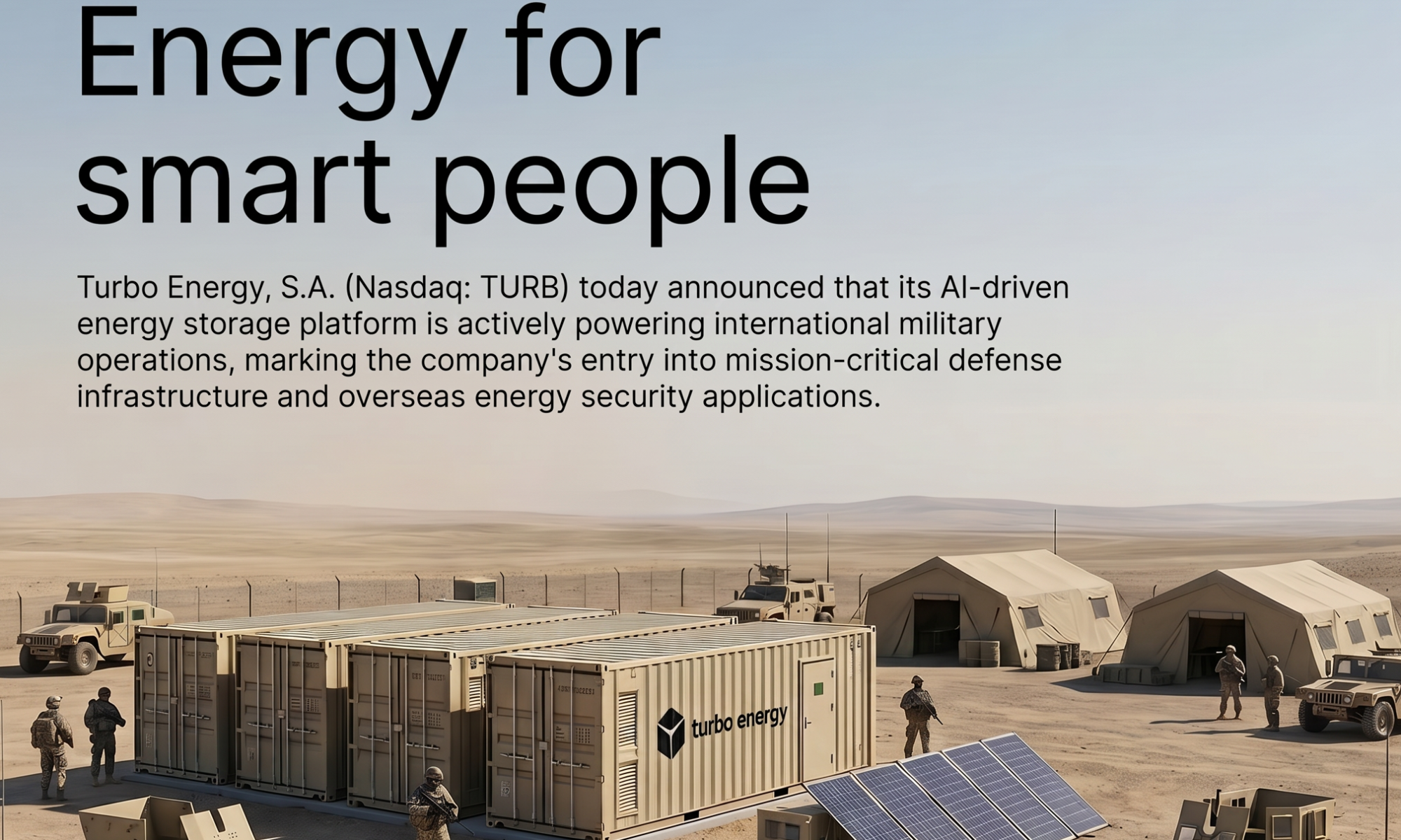 Nasdaq TURB, Turbo Energy stock, AI energy storage, defense tech, military energy infrastructure, off-grid energy storage, clean energy defense, hybrid energy systems, Spanish Army, Umbrella Global Energy, energy security stocks, small cap defense