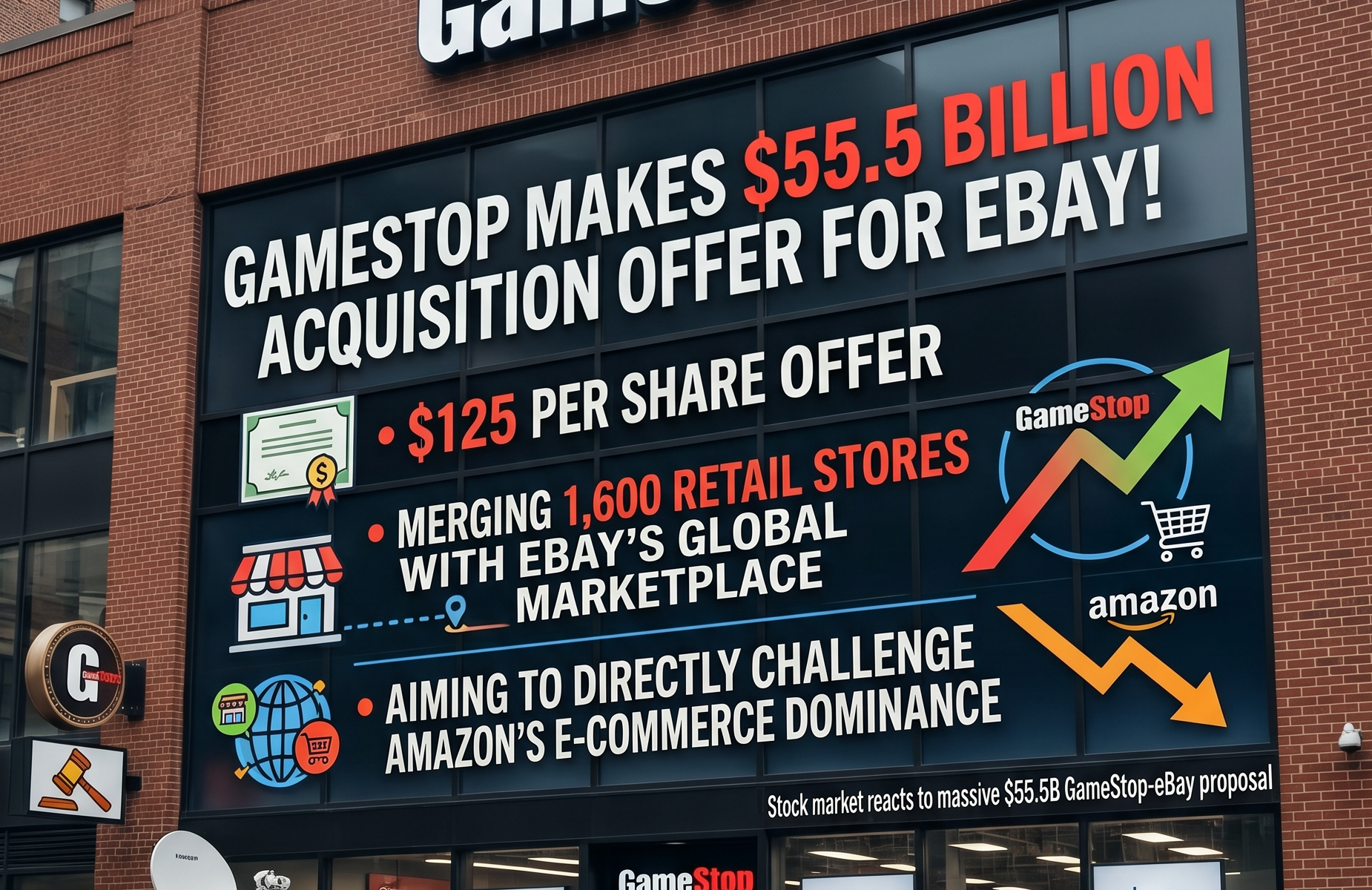 GameStop offers $55.5 billion to acquire eBay at $125 per share, aiming to merge 1,600 stores with eBay's marketplace to challenge Amazon.