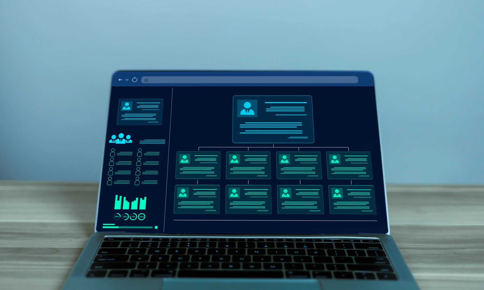 Laptop displaying a secure enterprise software dashboard with user management and compliance tools, representing Inseego Subscribe's CMMC certification for government and defense customers.