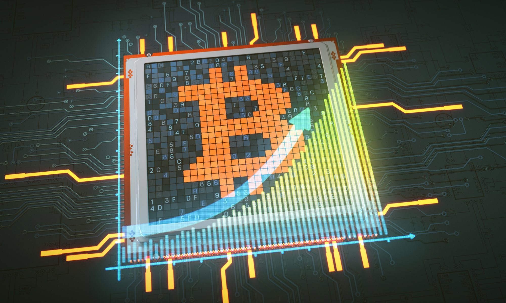 Illustration of an Ethereum symbol on a computer chip with an upward-trending market chart, representing Bitmine Immersion Technologies' growing Ethereum treasury strategy.