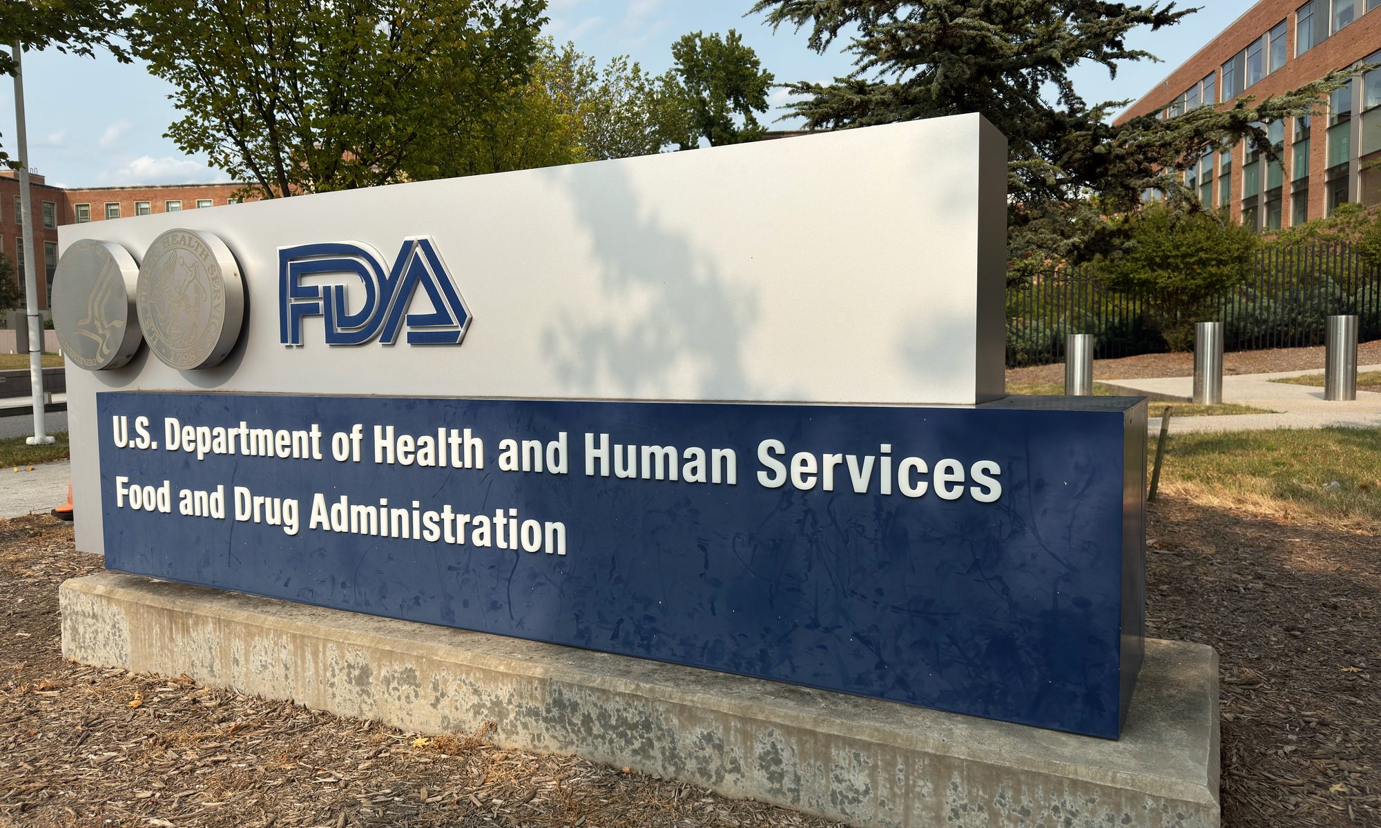 FDA headquarters sign outside the U.S. Food and Drug Administration campus, representing the agency's review of Capricor Therapeutics' deramiocel application for Duchenne muscular dystrophy cardiomyopathy.
