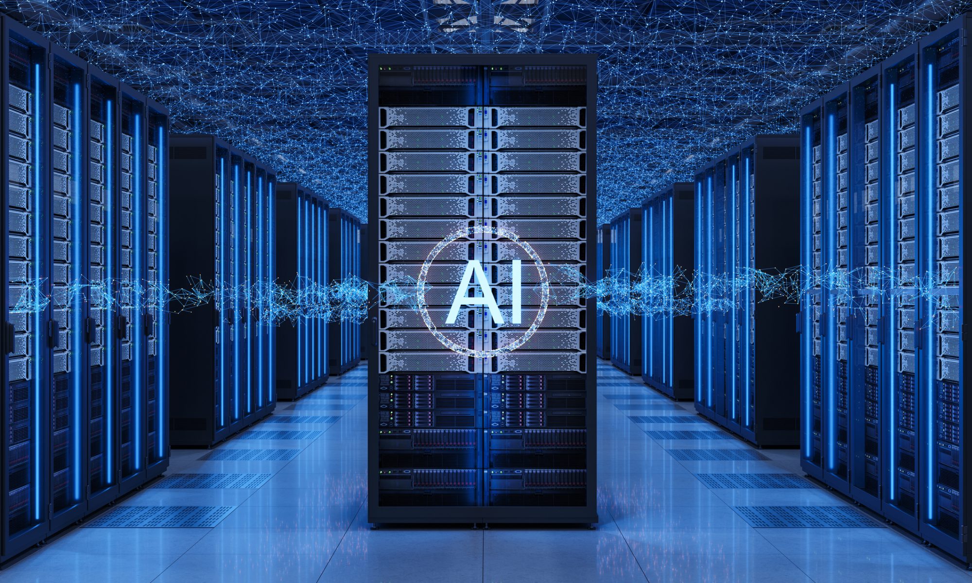 A modern AI data center with rows of illuminated server racks stretching into the distance. A central server cabinet features a glowing "AI" symbol, while blue digital network lines flow across the room, illustrating artificial intelligence, high-performance computing, and large-scale data center infrastructure.