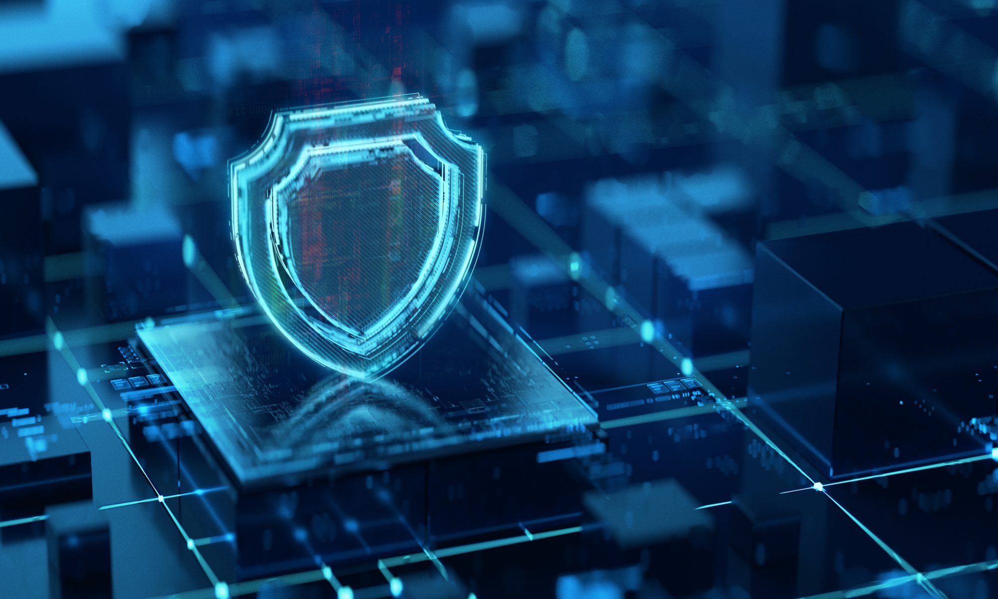 A glowing digital shield hovers above a computer chip on a futuristic circuit board, symbolizing cybersecurity, managed DDoS protection, secure networks, and defense against cyber threats.