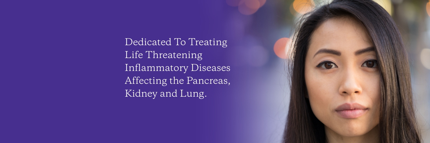 A portrait of a woman appears beside text describing CalciMedica's mission to develop therapies for life-threatening inflammatory diseases affecting the pancreas, kidneys, and lungs.
