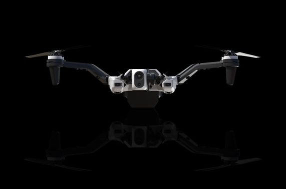 A Black Widow quadcopter drone is shown from the front against a black background, highlighting its compact design, forward-facing camera, and tactical reconnaissance capabilities for defense and military operations.