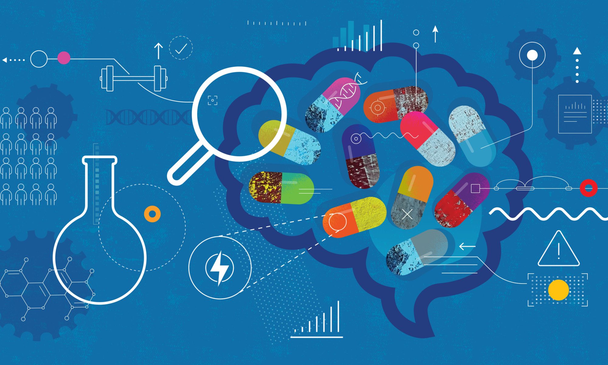 Illustration of a human brain filled with colorful capsules, surrounded by scientific research, DNA, laboratory, and data analysis icons, representing ADHD treatment development and pharmaceutical research.