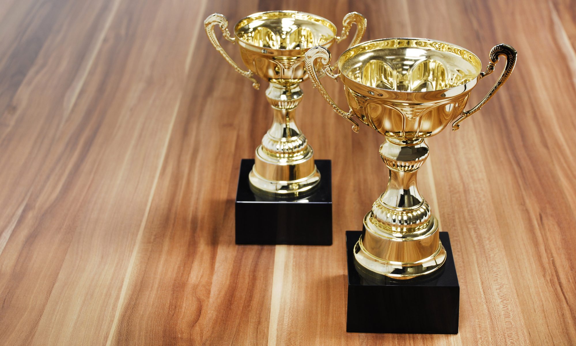 Two gold trophy cups displayed on a polished wooden surface, representing excellence, repeat achievement, and industry recognition for innovation in clean energy.