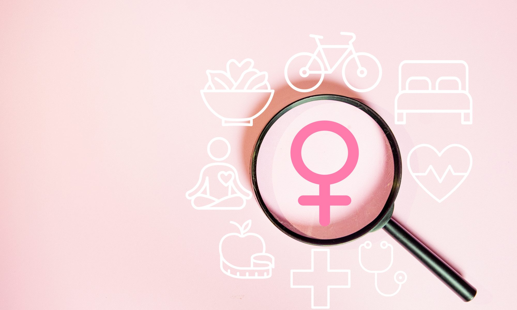 A magnifying glass highlights a women's health symbol surrounded by icons representing sleep, nutrition, exercise, heart health, mindfulness, and medical care, illustrating integrated digital healthcare.