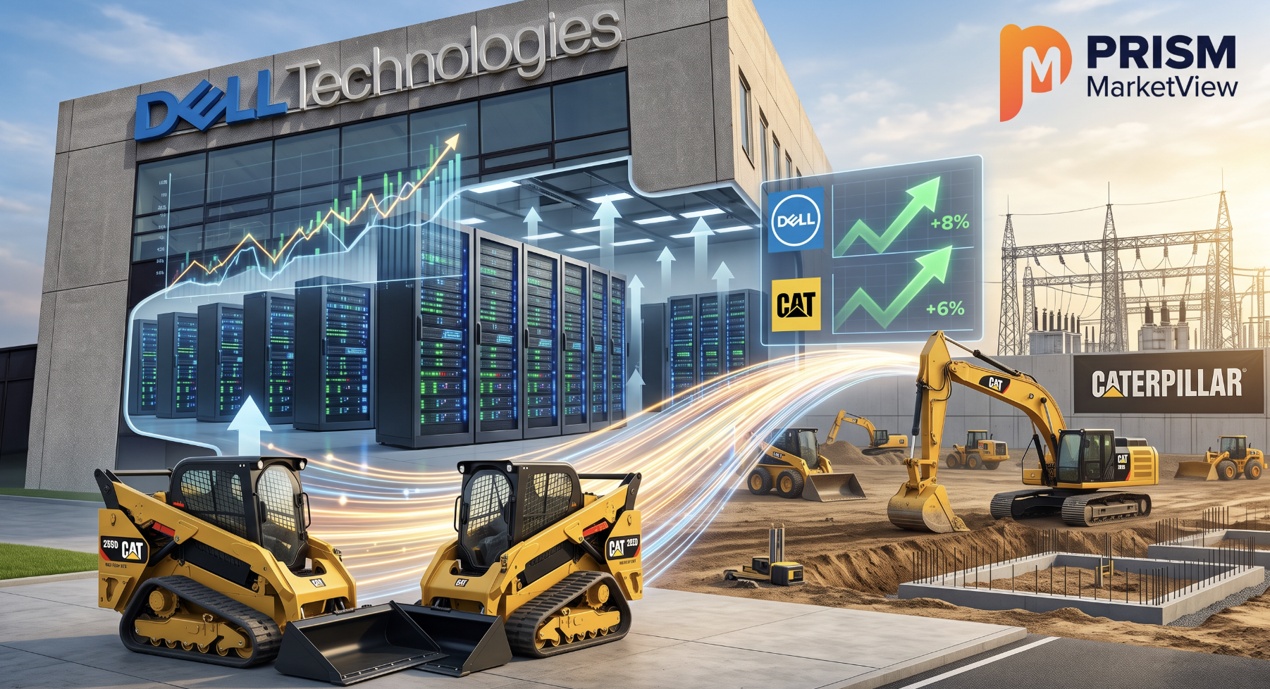 AI build-out stocks are winning beyond chips: Dell (DELL) jumped 8% backing cloud startup Volta, while Caterpillar (CAT) surged past $20B in quarterly revenue.