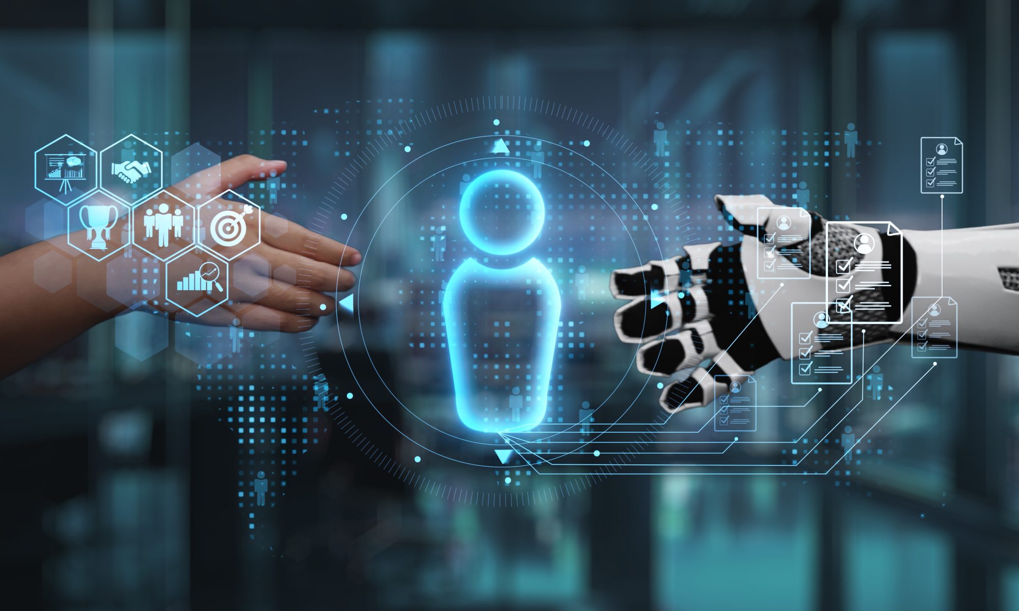 A human hand and a robotic hand reach toward each other with digital cloud, AI, and infrastructure icons floating between them, representing the integration of enterprise software and artificial intelligence.