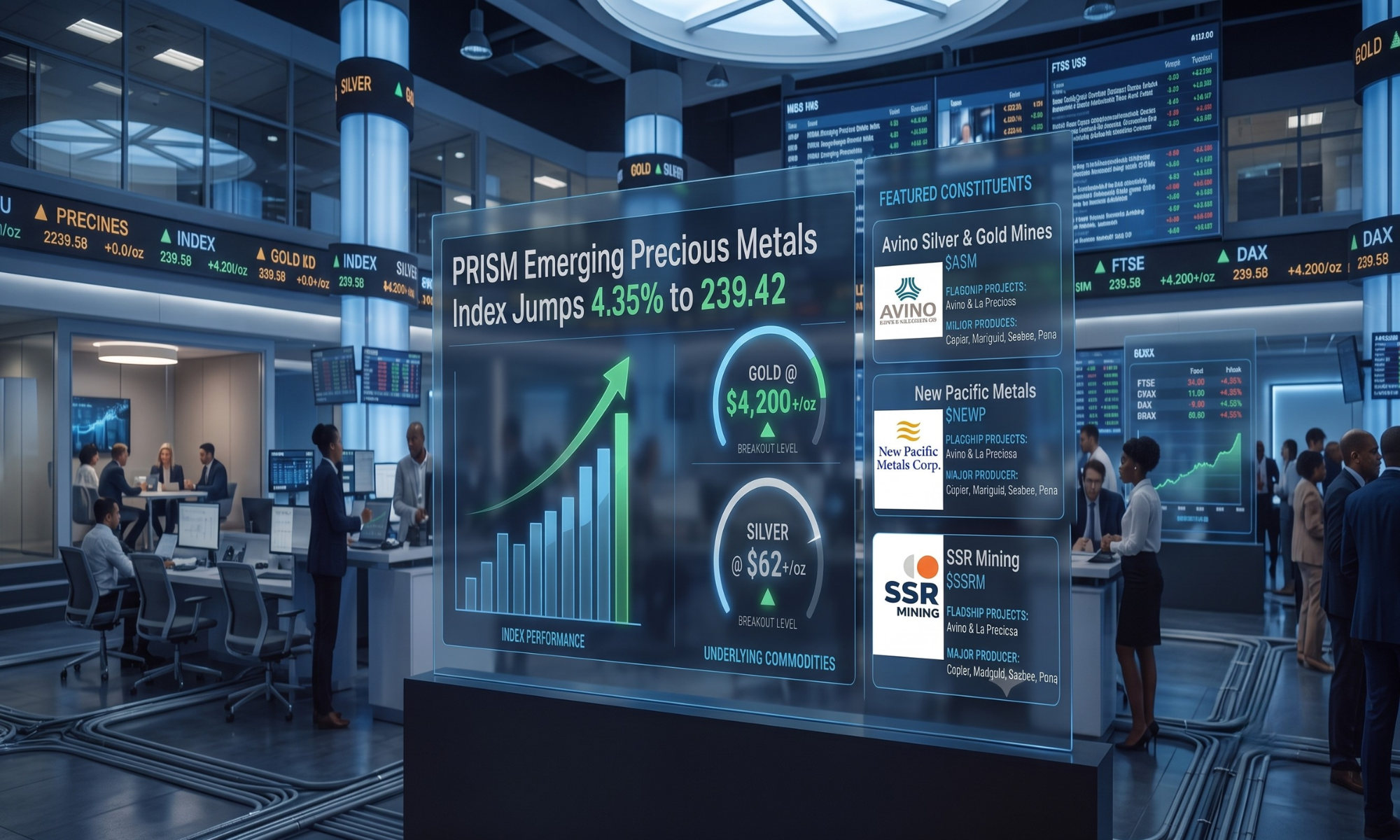 A digital market dashboard displays the PRISM Emerging Precious Metals Index rising alongside higher gold and silver prices, with featured mining companies and market performance charts.