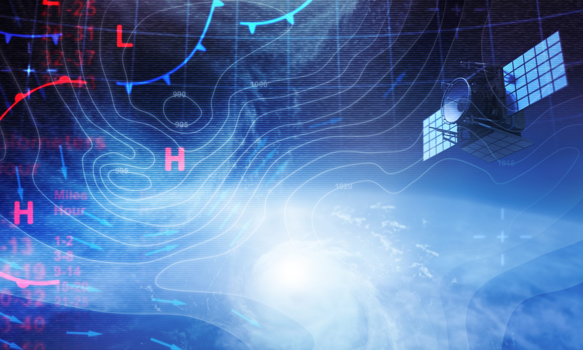 Satellite weather imagery overlays atmospheric pressure maps and storm tracking graphics, illustrating space-based weather monitoring and forecasting technology.
